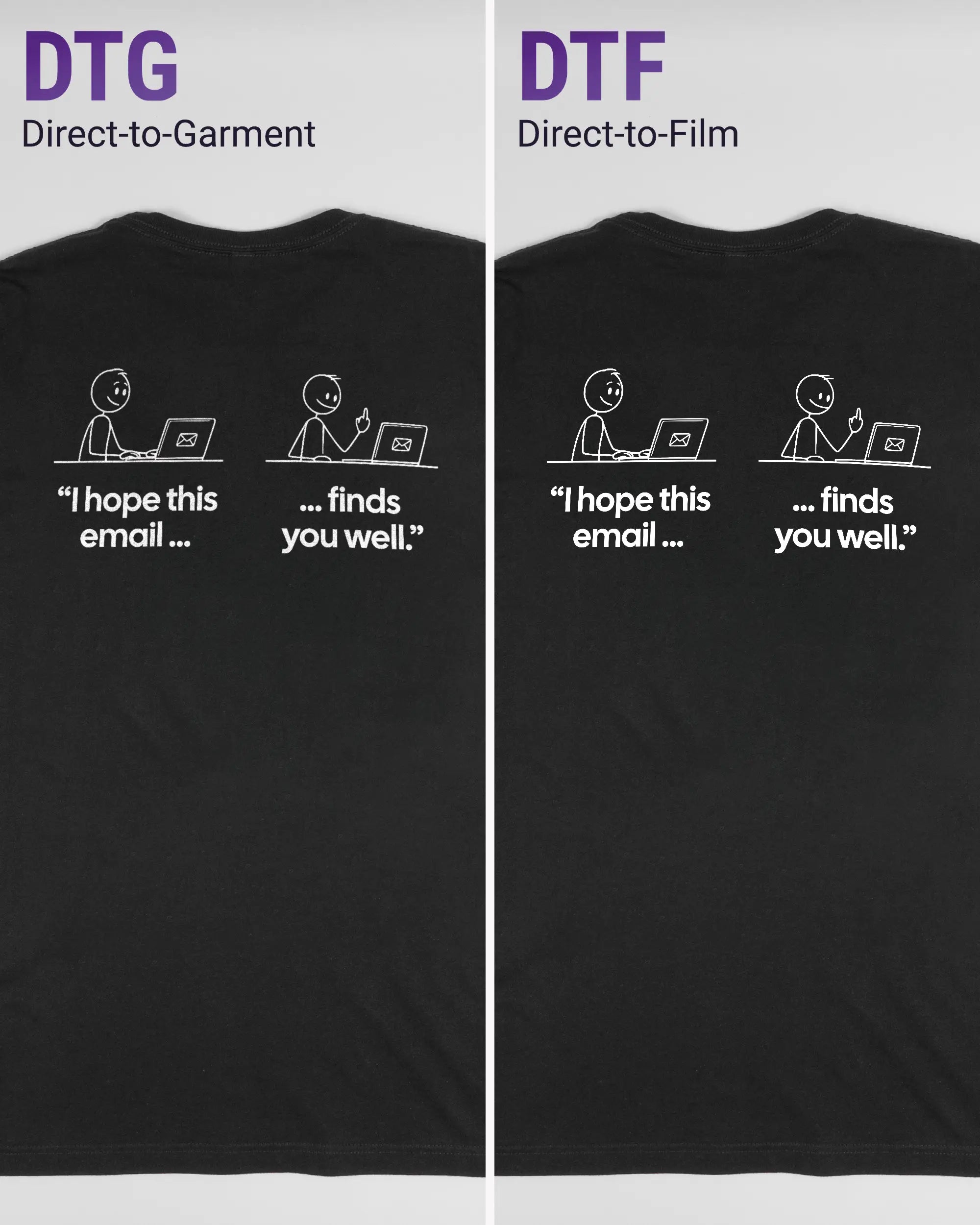 Vergleich der Rückseiten des Basic Unisex T-Shirt Light von Maondo mit dem Design Found me not well in der Farbe Black und in der Größe L links mit dem Direct-to-Garment und rechts mit dem Direct-to-Film Verfahren