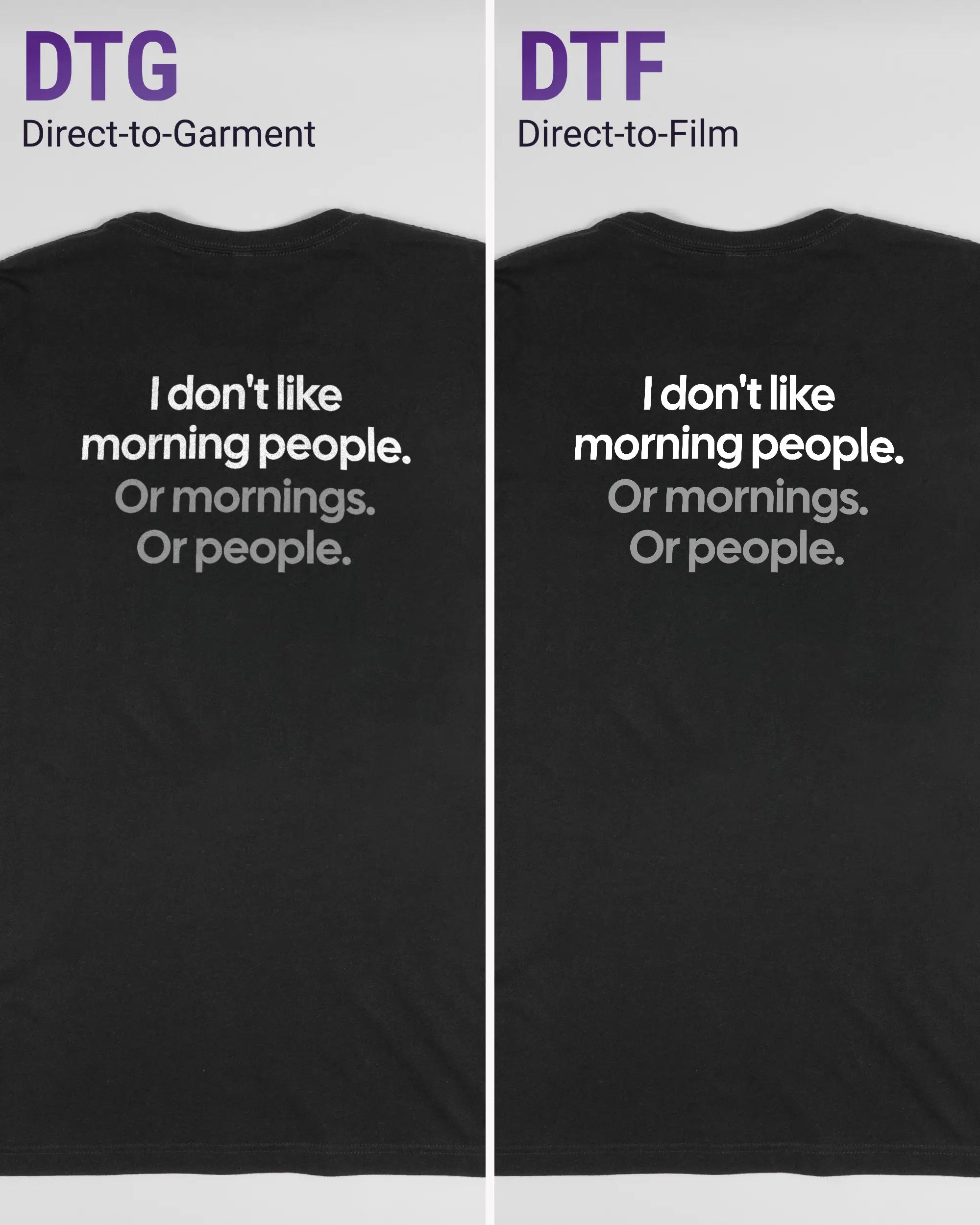 Vergleich der Rückseiten des Basic Unisex T-Shirt Light von Maondo mit dem Design Morning Person in der Farbe Black und in der Größe L links mit dem Direct-to-Garment und rechts mit dem Direct-to-Film Verfahren