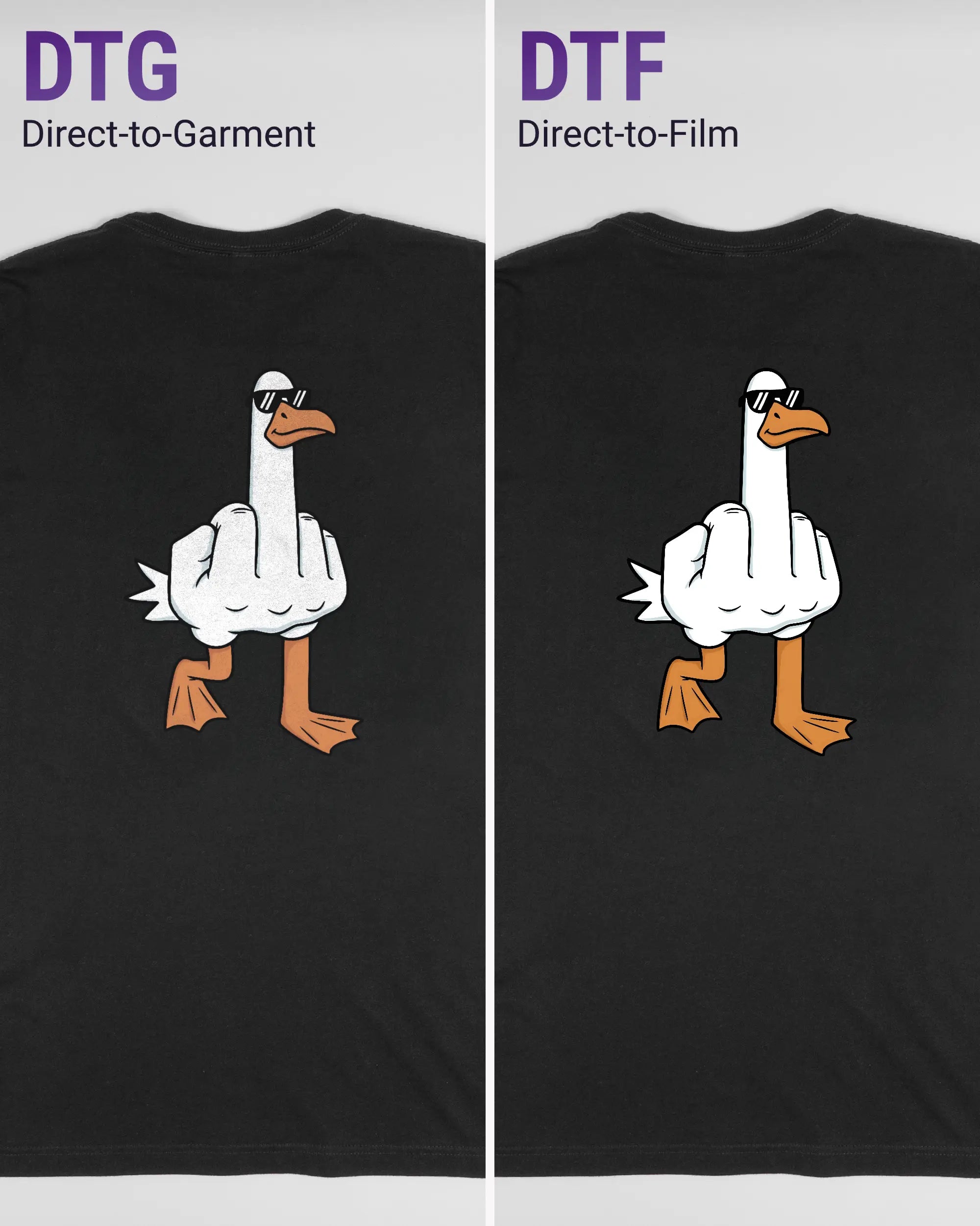 Vergleich der Rückseiten des Basic Unisex T-Shirt Light von Maondo mit dem Design I give a duck in der Farbe Black und in der Größe L links mit dem Direct-to-Garment und rechts mit dem Direct-to-Film Verfahren