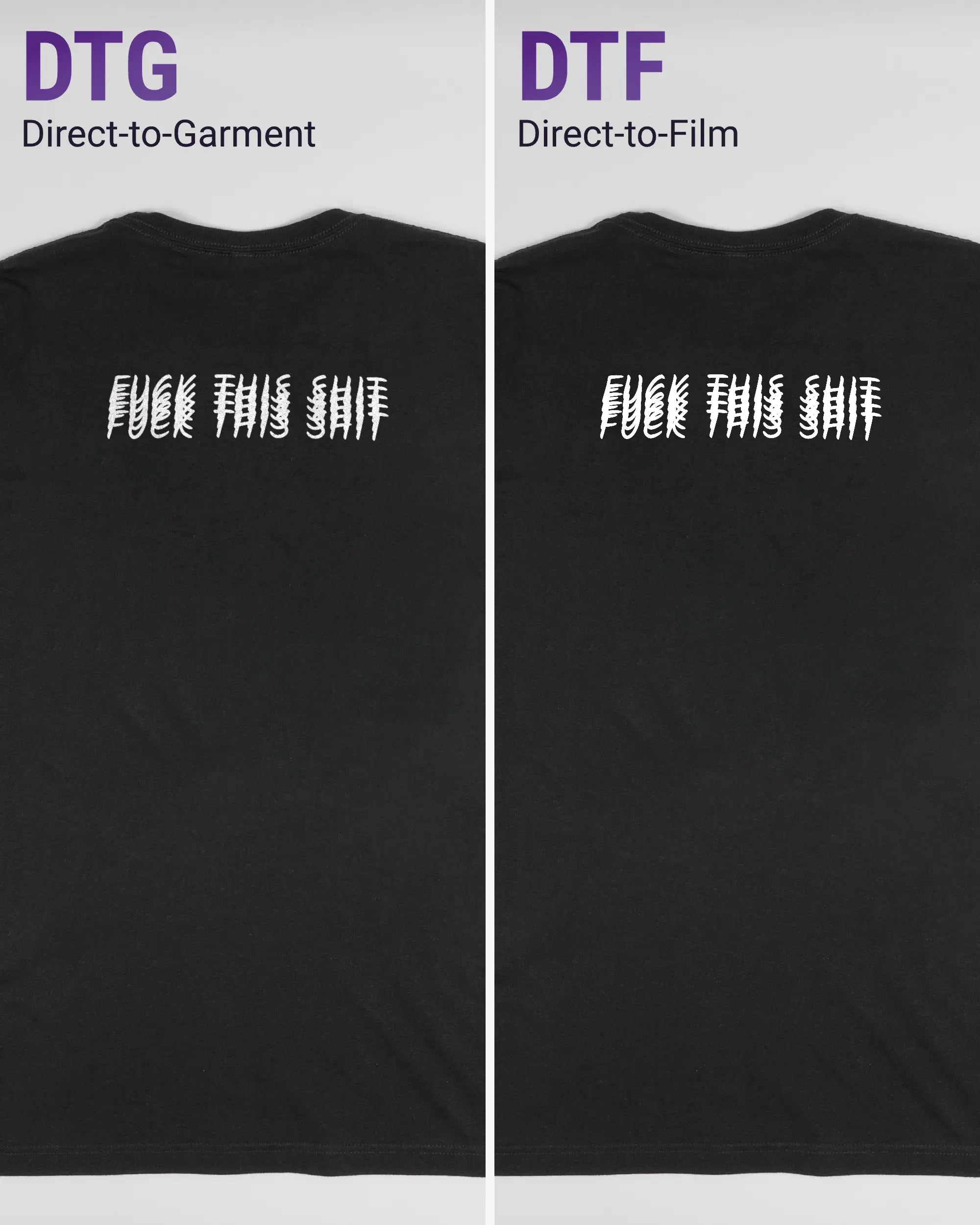 Vergleich der Rückseiten des Basic Unisex T-Shirt Light von Maondo mit dem Design Hidden Message in der Farbe Black und in der Größe L links mit dem Direct-to-Garment und rechts mit dem Direct-to-Film Verfahren