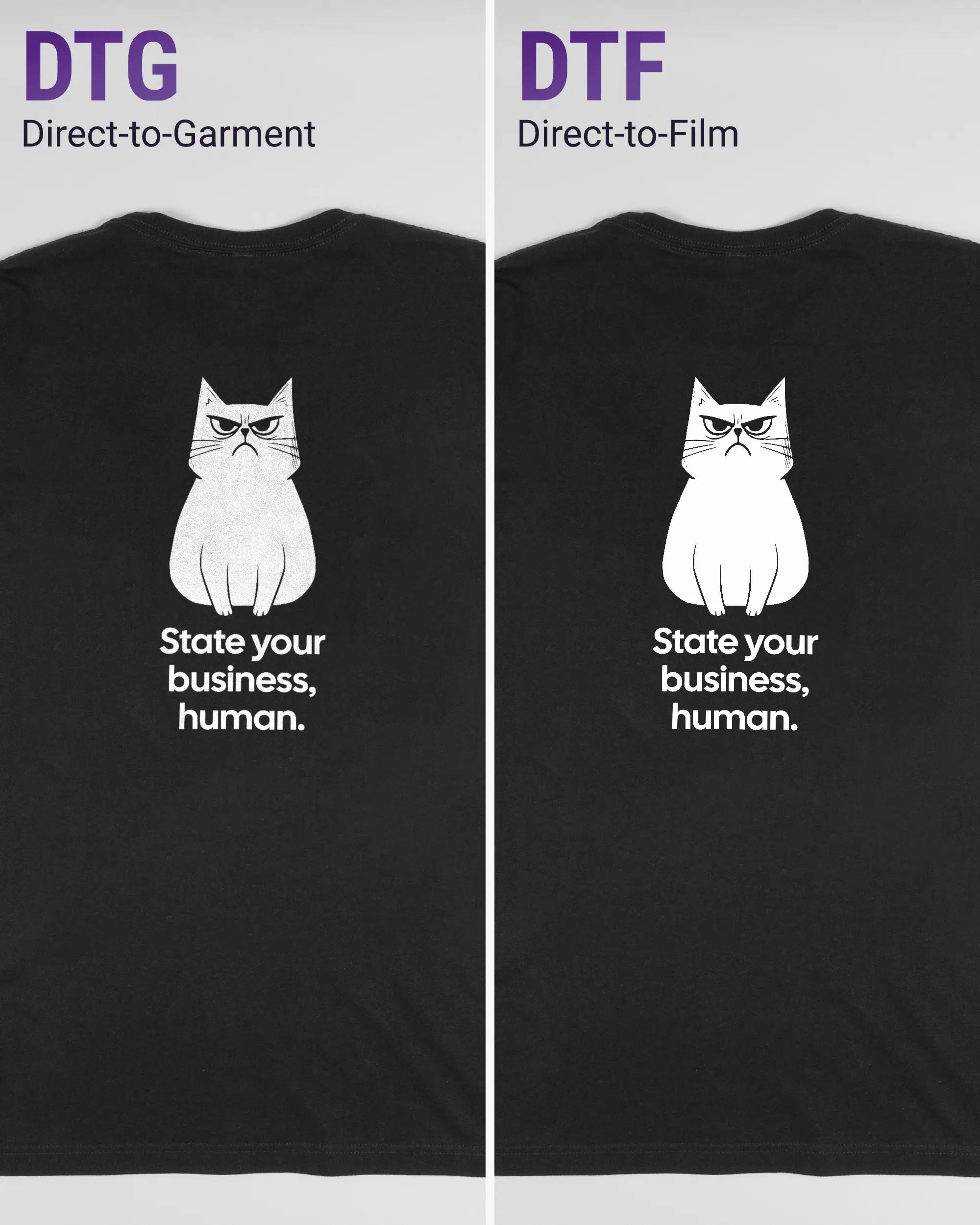 Vergleich der Rückseiten des Basic Unisex T-Shirt Light von Maondo mit dem Design Grumpy Purr in der Farbe Black und in der Größe L links mit dem Direct-to-Garment und rechts mit dem Direct-to-Film Verfahren