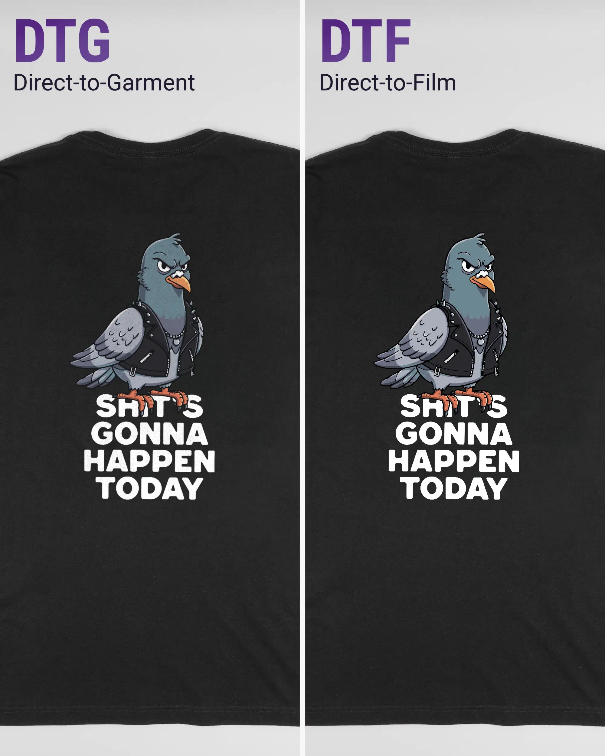 Vergleich der Rückseiten des Basic Unisex T-Shirt Light von Maondo mit dem Design Pigeon Pun in der Farbe Black und in der Größe L links mit dem Direct-to-Garment und rechts mit dem Direct-to-Film Verfahren