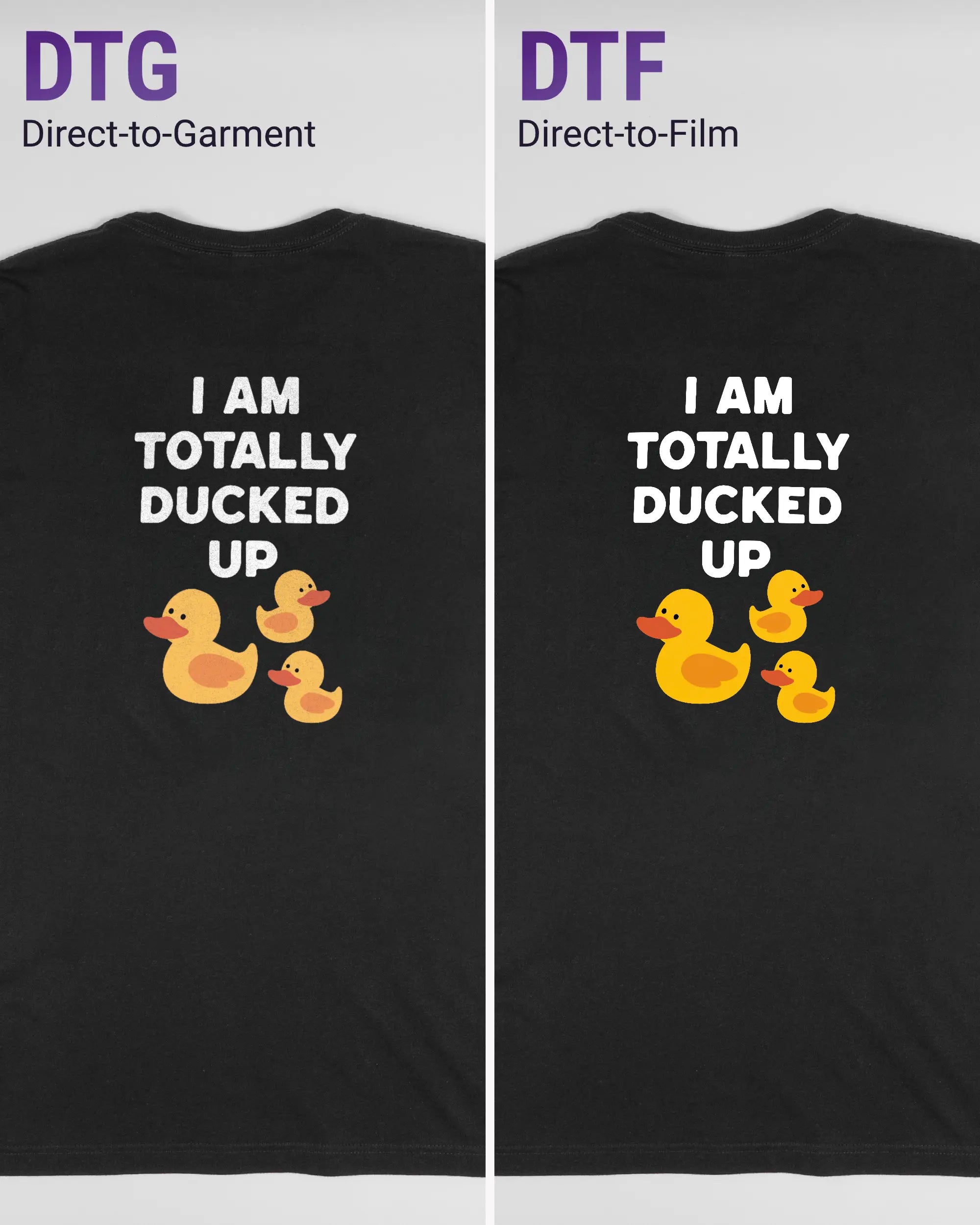 Vergleich der Rückseiten des Basic Unisex T-Shirt Light von Maondo mit dem Design Ducked Up in der Farbe Black und in der Größe L links mit dem Direct-to-Garment und rechts mit dem Direct-to-Film Verfahren