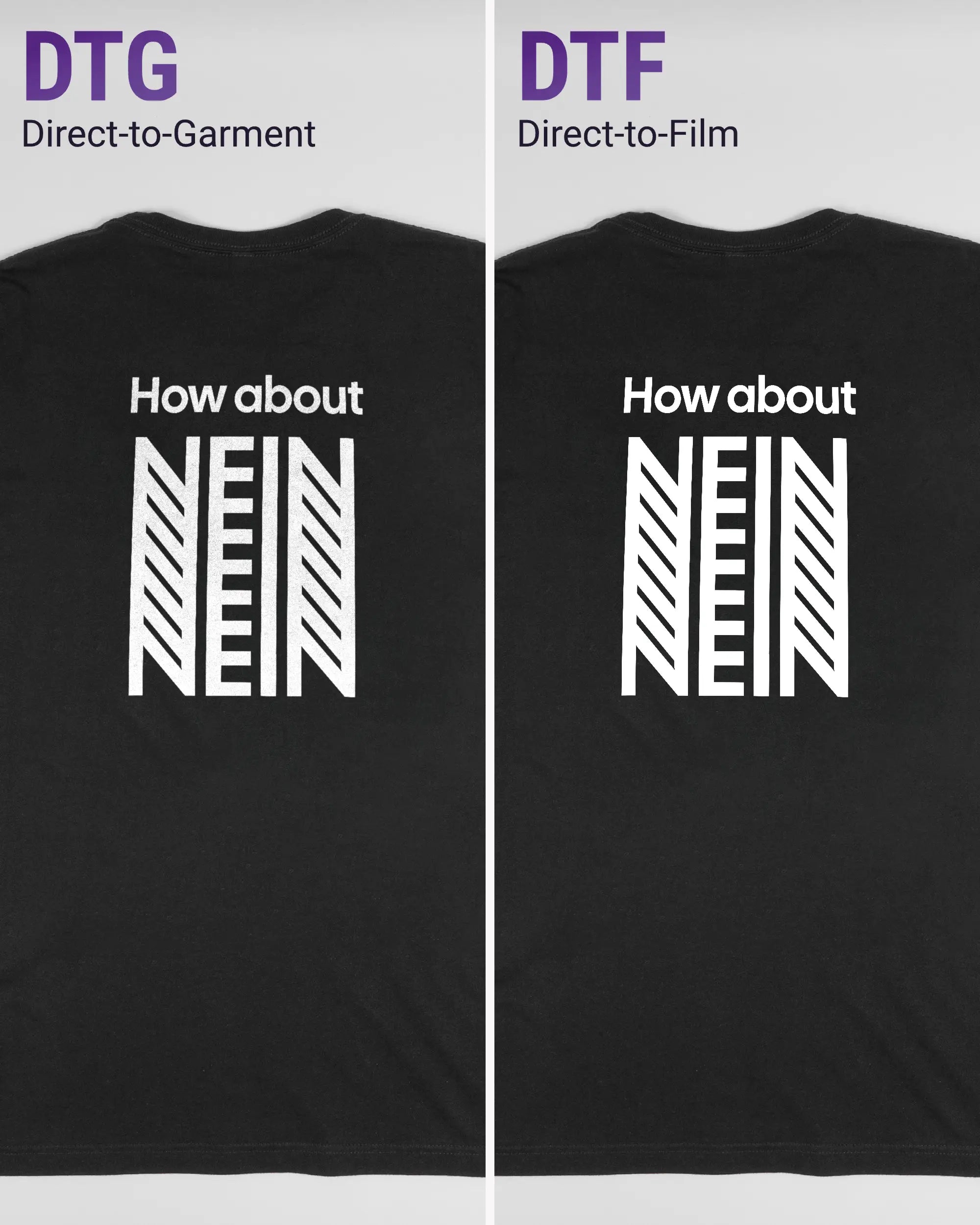 Vergleich der Rückseiten des Basic Unisex T-Shirt Light von Maondo mit dem Design How about nein in der Farbe Black und in der Größe L links mit dem Direct-to-Garment und rechts mit dem Direct-to-Film Verfahren