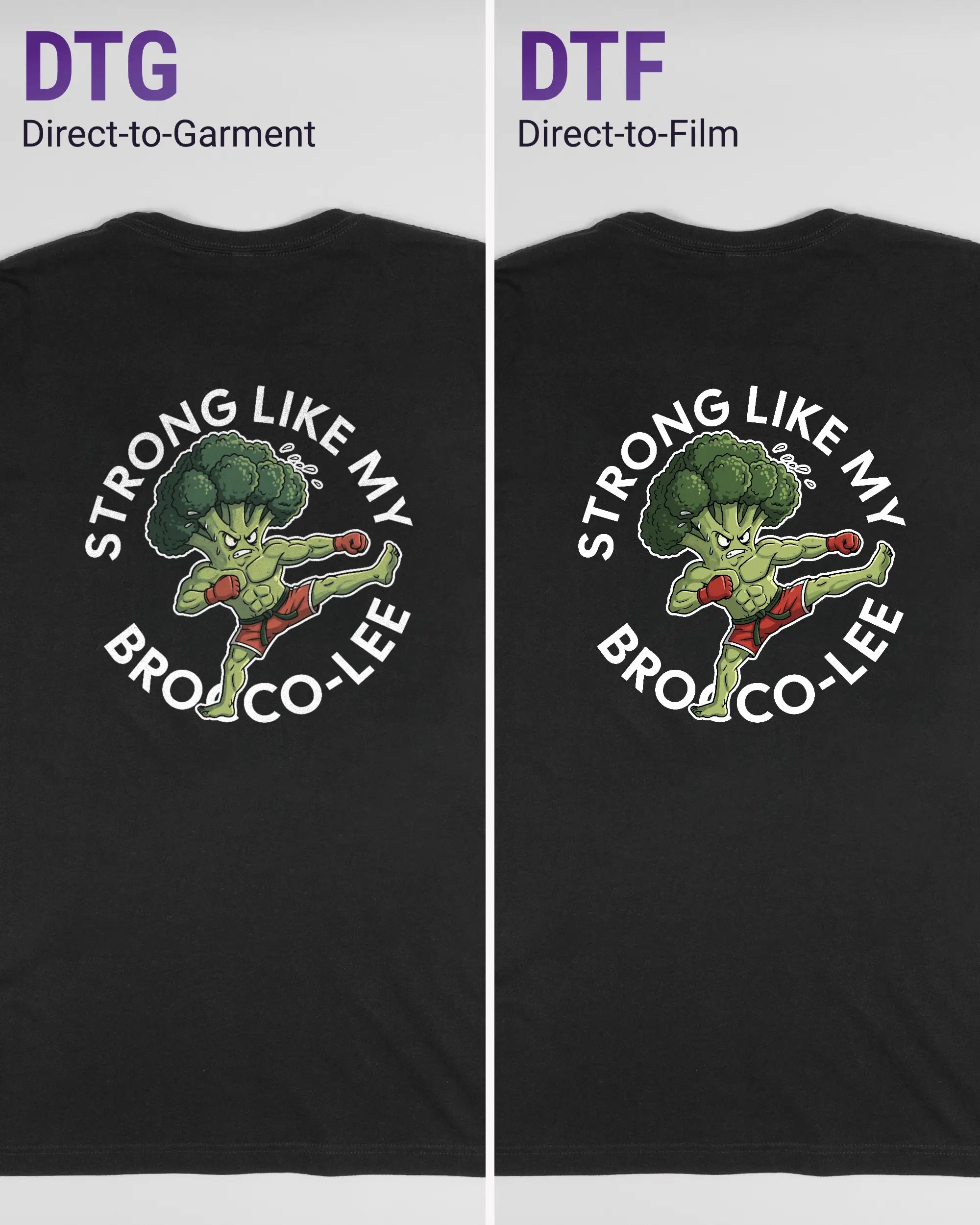 Vergleich der Rückseiten des Basic Unisex T-Shirt Light von Maondo mit dem Design Brocco-Lee in der Farbe Black und in der Größe L links mit dem Direct-to-Garment und rechts mit dem Direct-to-Film Verfahren
