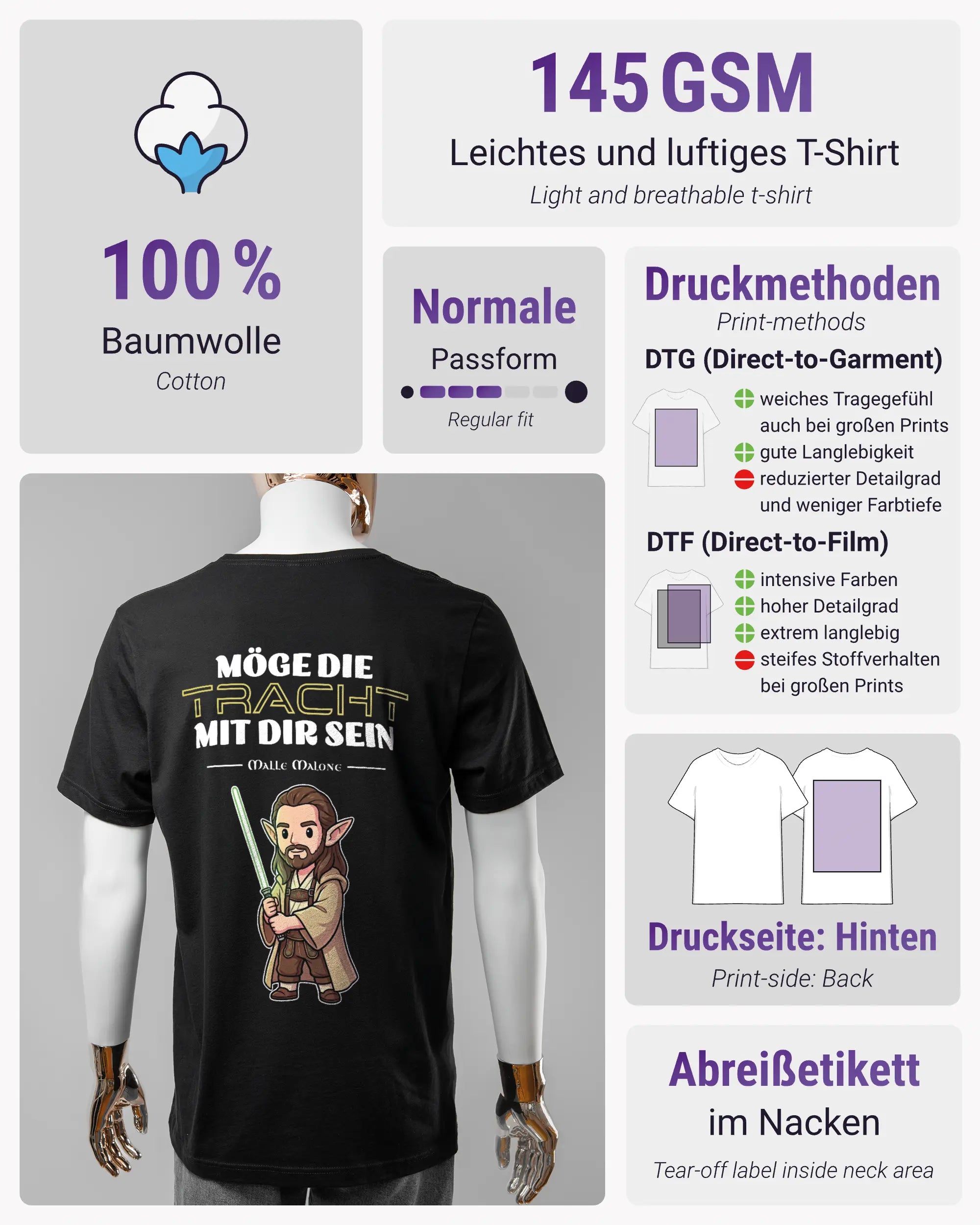 Produktinformationsblatt des Basic Unisex T-Shirt Light von Maondo mit dem Design Tracht mit dir hinten in der Farbe Black und in der Größe L