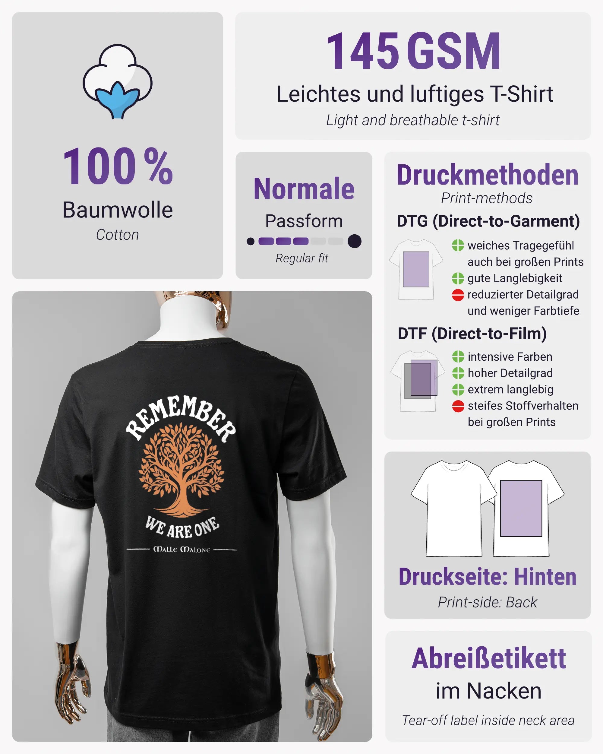 Produktinformationsblatt des Basic Unisex T-Shirt Light von Maondo mit dem Design We are one hinten in der Farbe Black und in der Größe L