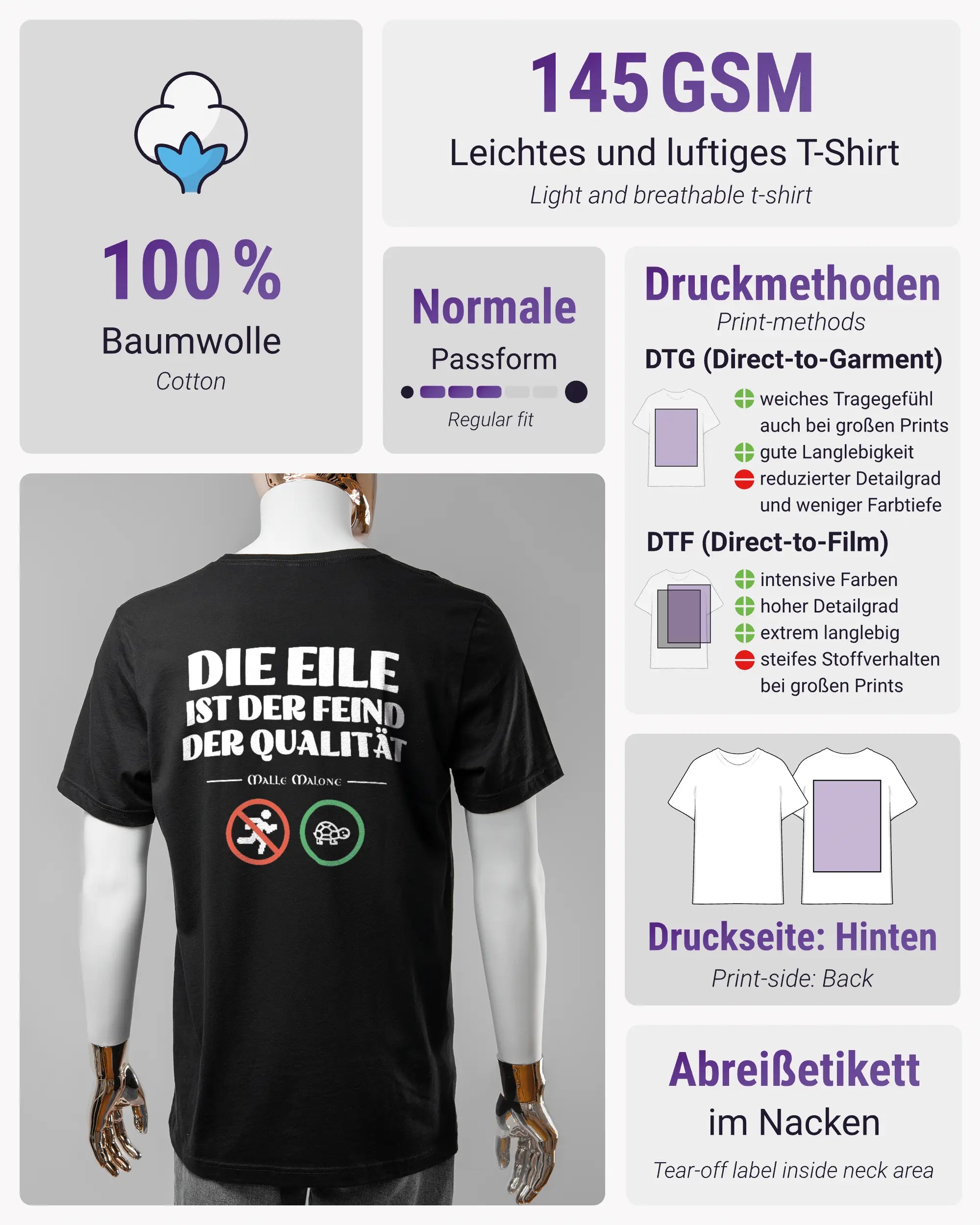 Produktinformationsblatt des Basic Unisex T-Shirt Light von Maondo mit dem Design Keine Eile hinten in der Farbe Black und in der Größe L