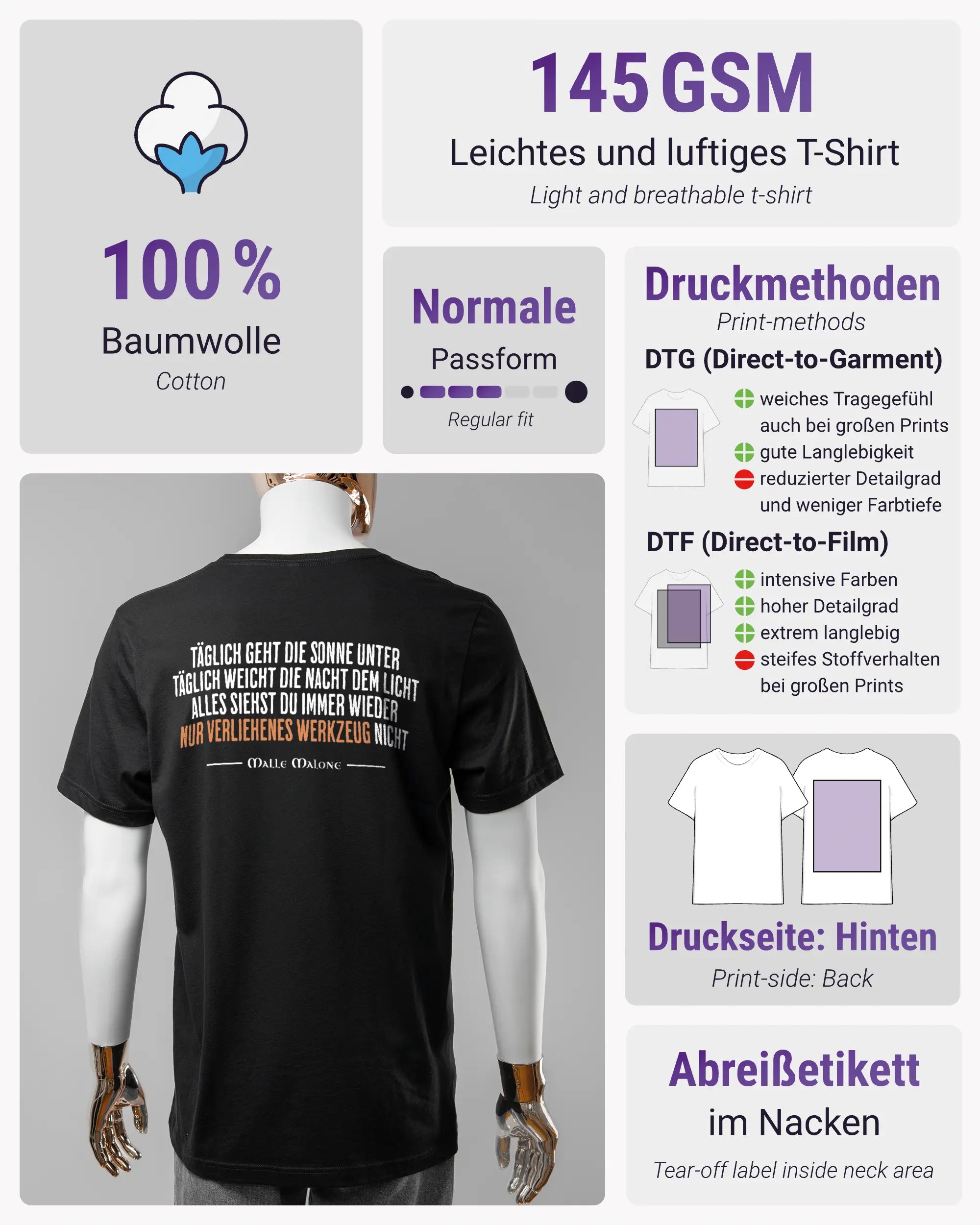 Produktinformationsblatt des Basic Unisex T-Shirt Light von Maondo mit dem Design Wegzeug hinten in der Farbe Black und in der Größe L