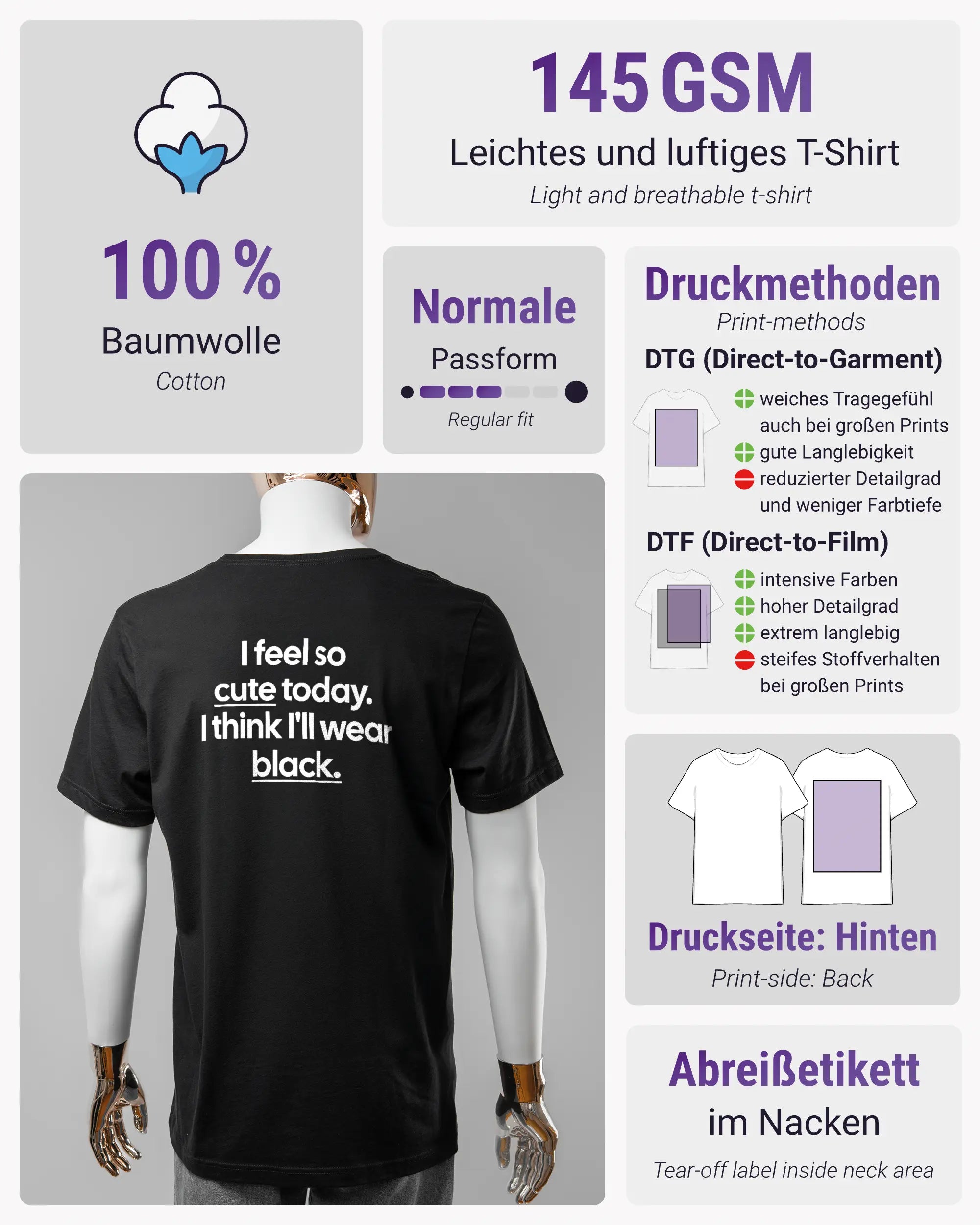 Produktinformationsblatt des Basic Unisex T-Shirt Light von Maondo mit dem Design Colorful Day hinten in der Farbe Black und in der Größe L