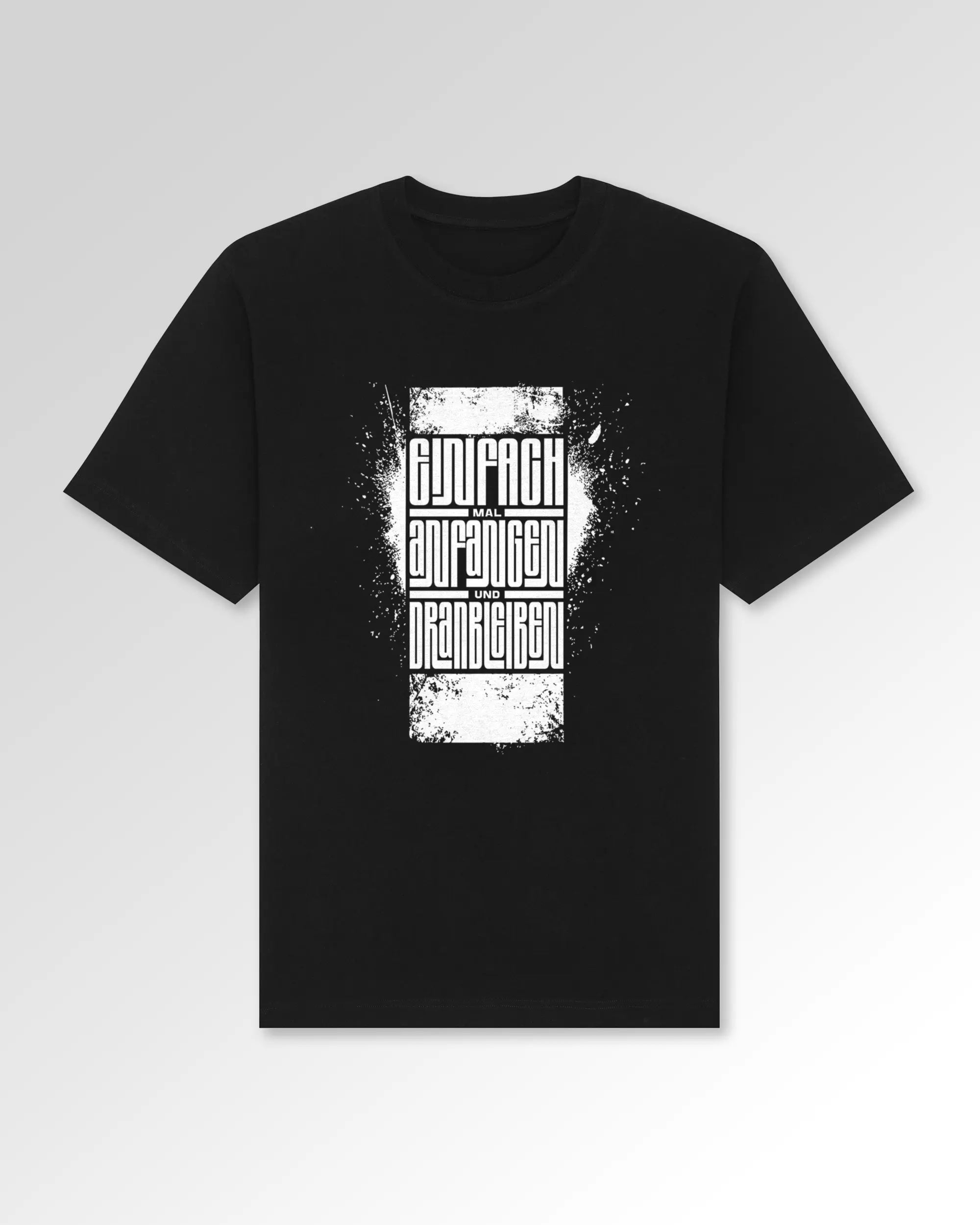 Packshot der Druckseite des Organic Unisex T-Shirts von Maondo im Oversized Fit mit dem Design Einfach Anfangen in der Farbe Black