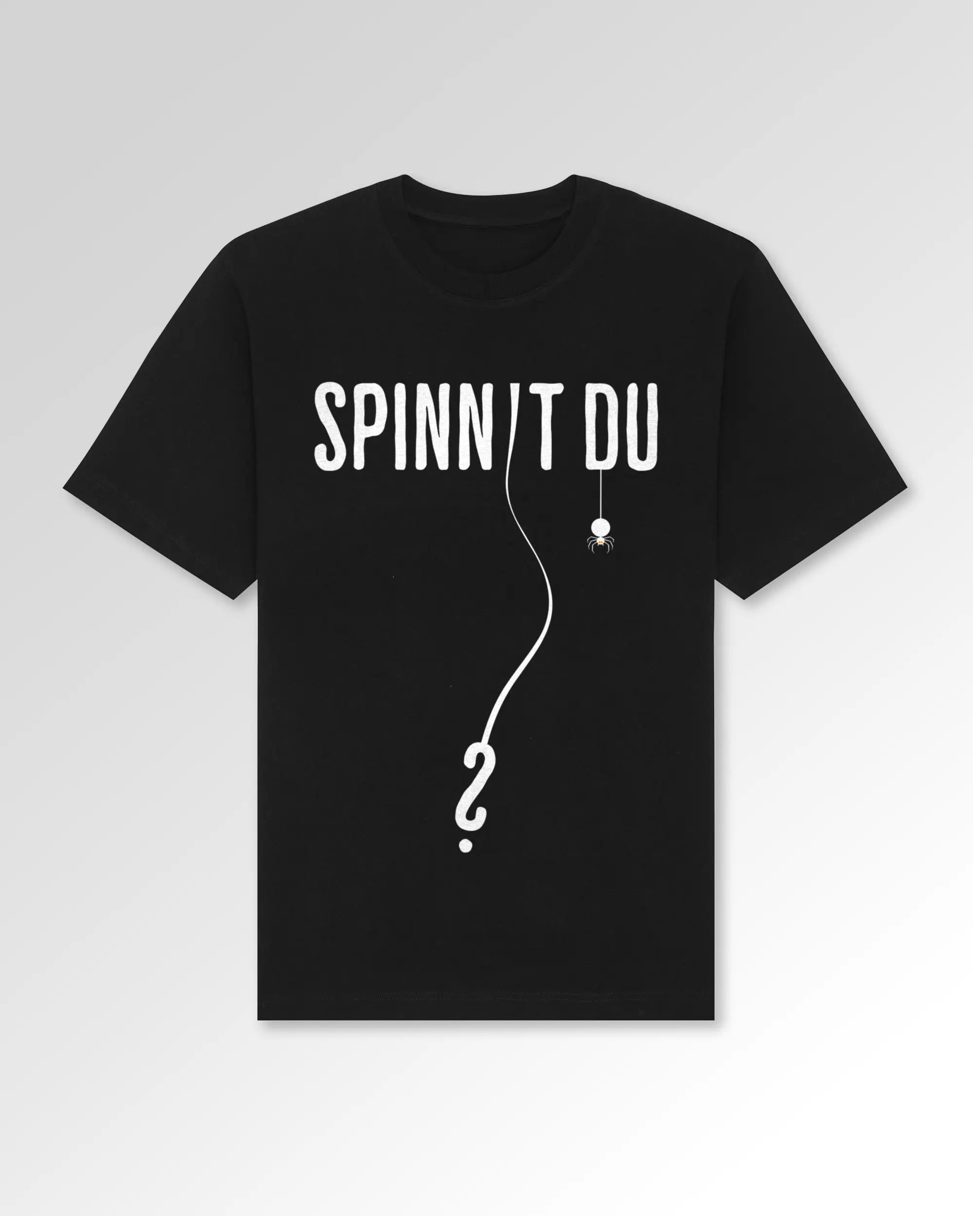 Packshot der Druckseite des Organic Unisex T-Shirts von Maondo im Oversized Fit mit dem Design Spinnst du? in der Farbe Black