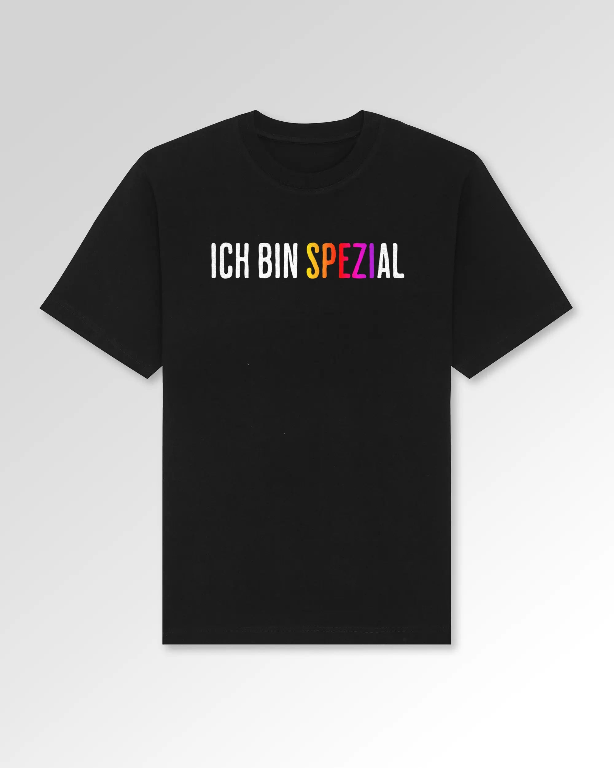 Packshot der Druckseite des Organic Unisex T-Shirts von Maondo im Oversized Fit mit dem Design Ich bin Spezial in der Farbe Black