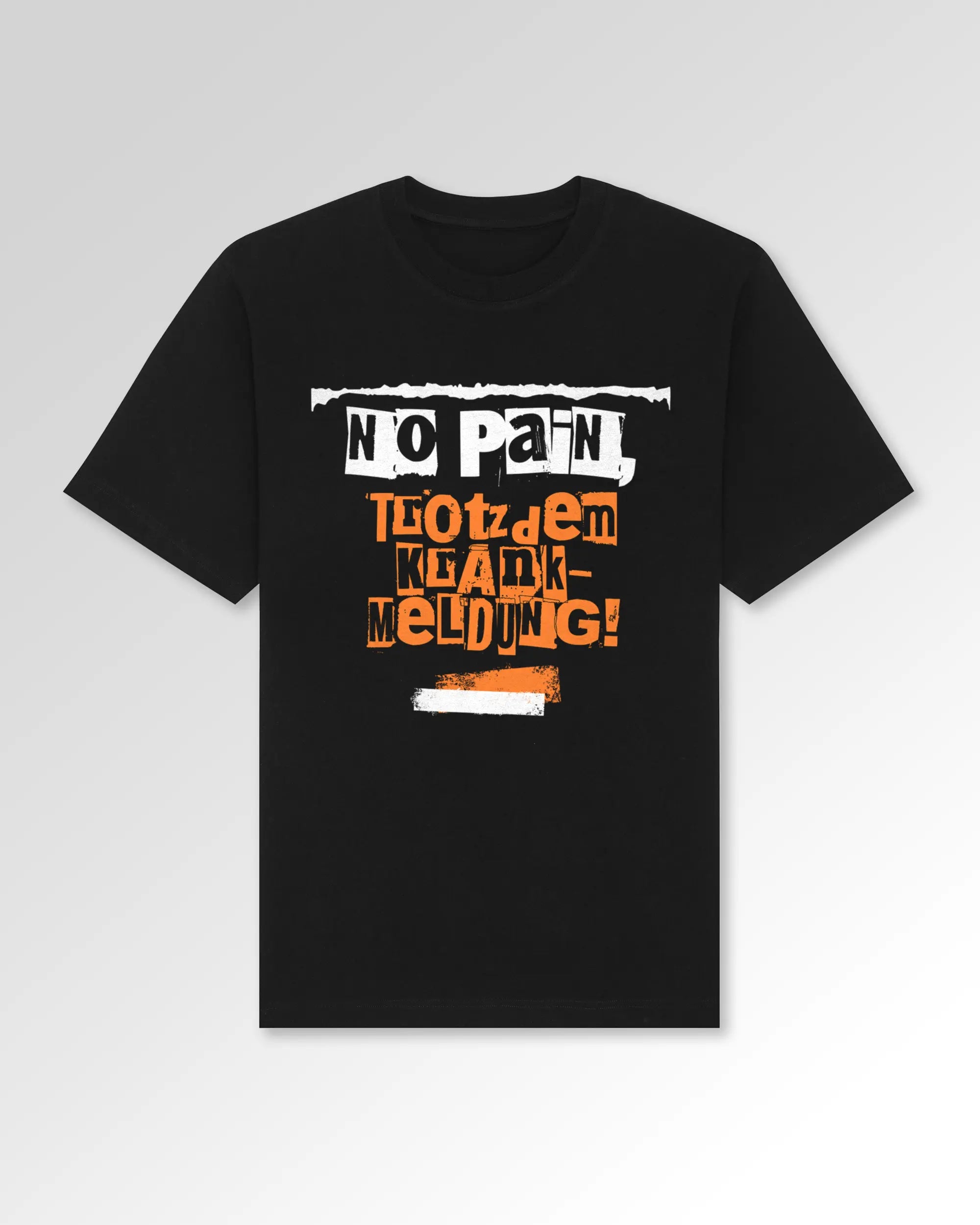 Packshot der Druckseite des Organic Unisex T-Shirts von Maondo im Oversized Fit mit dem Design Krankmeldung in der Farbe Black