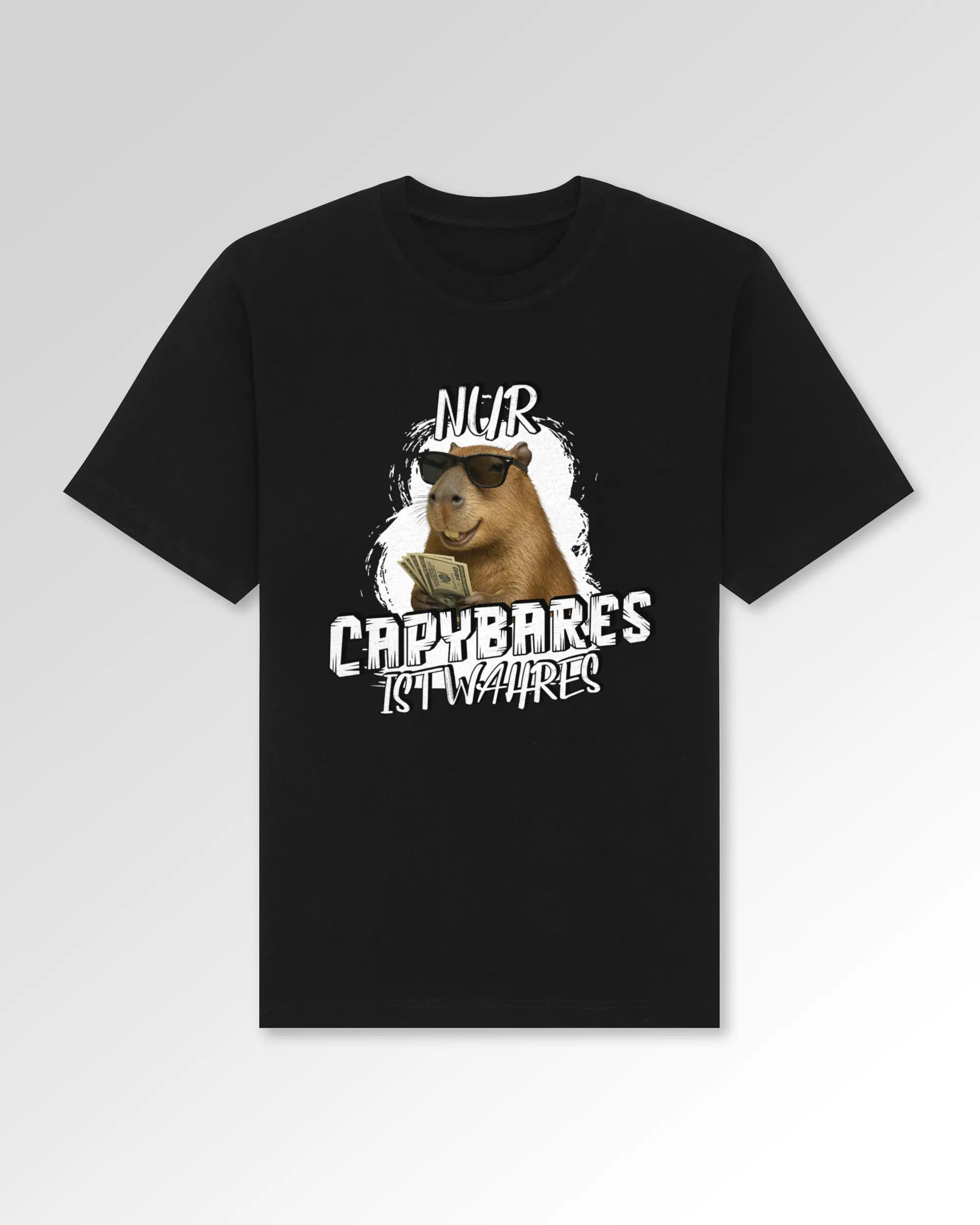 Packshot der Druckseite des Organic Unisex T-Shirts von Maondo im Oversized Fit mit dem Design Capybares in der Farbe Black