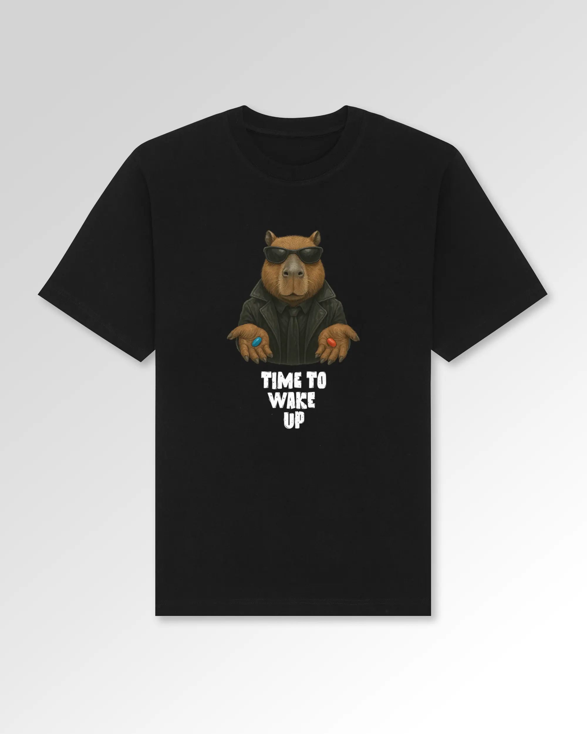 Packshot der Druckseite des Organic Unisex T-Shirts von Maondo im Oversized Fit mit dem Design Wake up in der Farbe Black