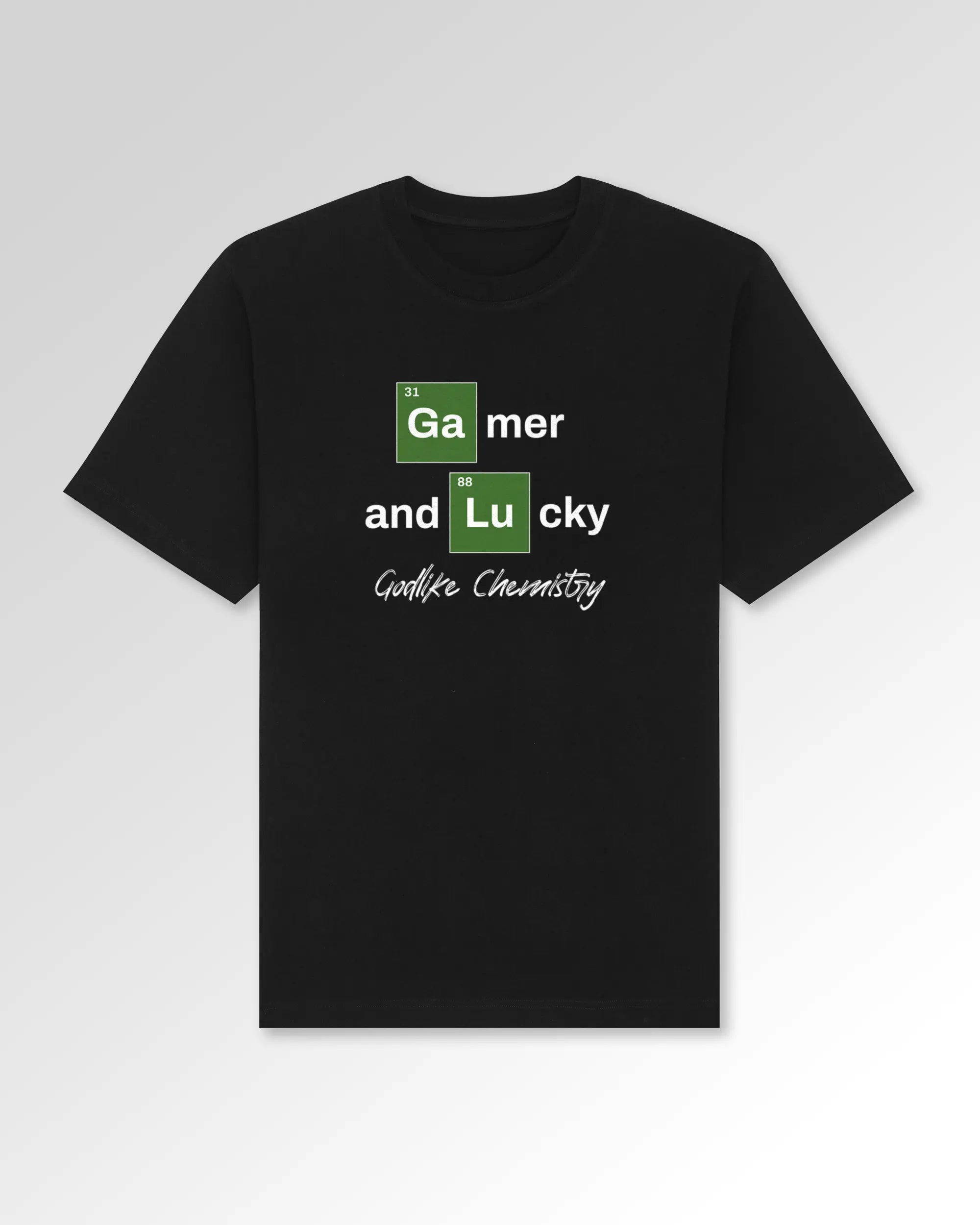 Packshot der Druckseite des Organic Unisex T-Shirts von Maondo im Oversized Fit mit dem Design Gamer Chemistry in der Farbe Black