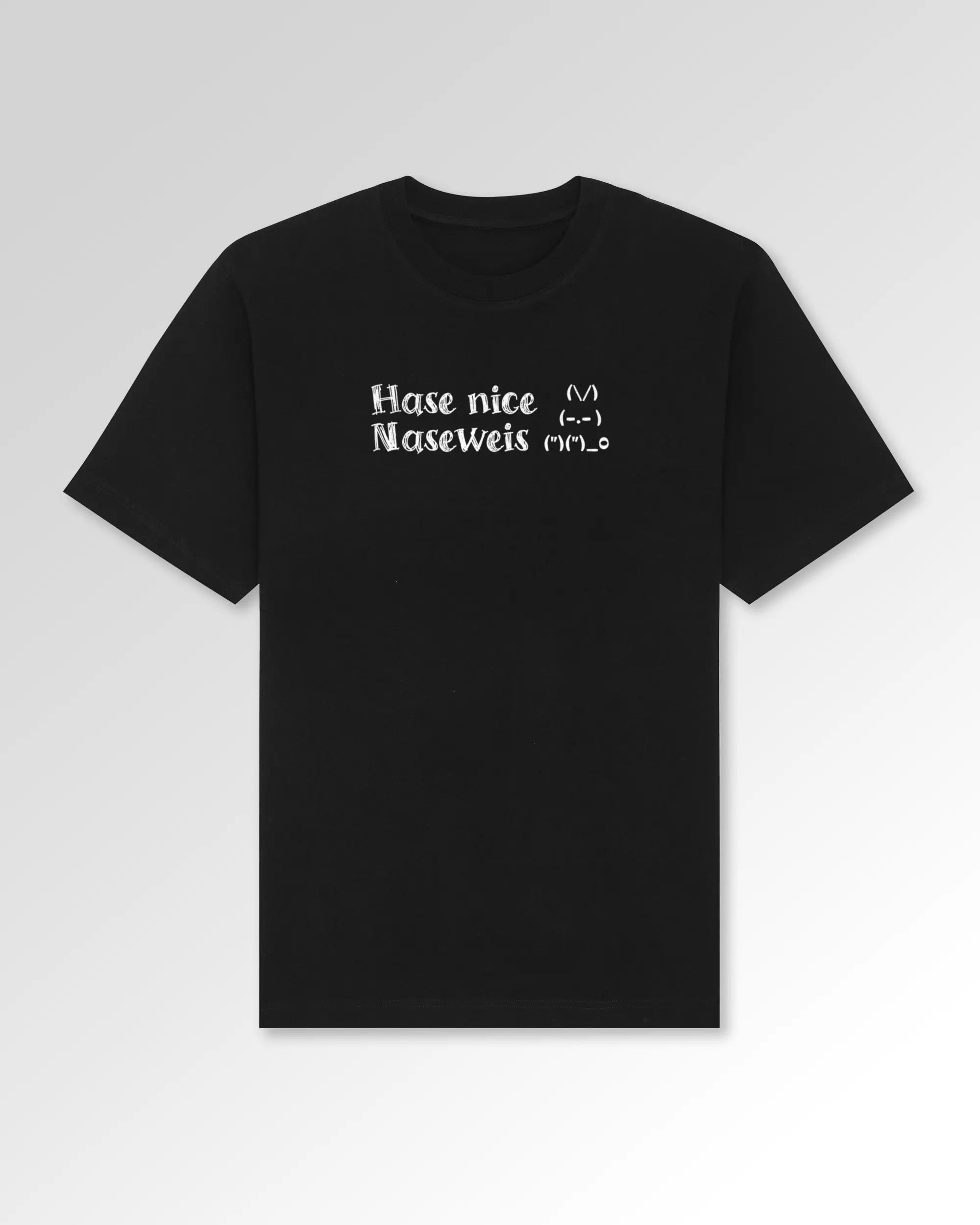 Packshot der Druckseite des Organic Unisex T-Shirts von Maondo im Oversized Fit mit dem Design Nicer Hase in der Farbe Black