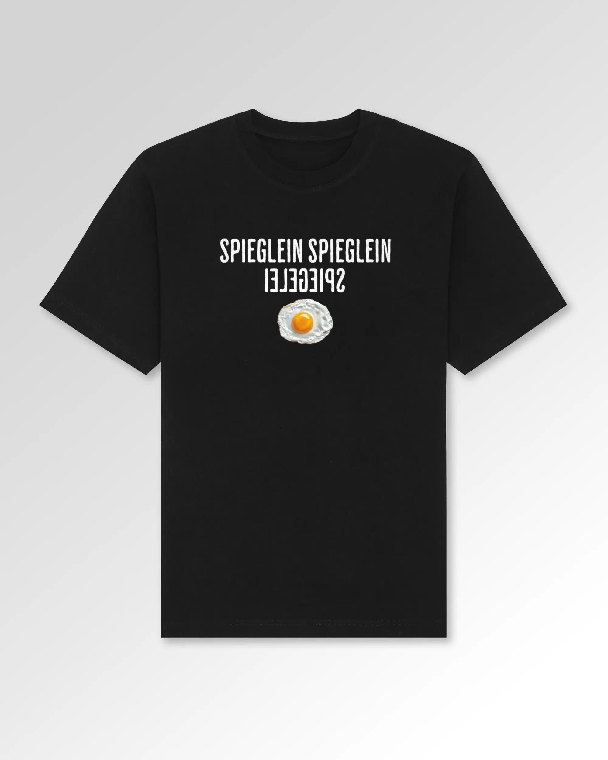 Packshot der Druckseite des Organic Unisex T-Shirts von Maondo im Oversized Fit mit dem Design Spieglein Spiegelei in der Farbe Black