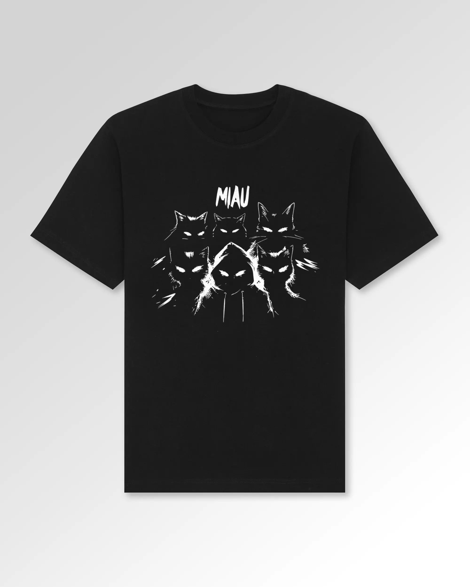 Packshot der Druckseite des Organic Unisex T-Shirts von Maondo im Oversized Fit mit dem Design Miau Gang in der Farbe Black