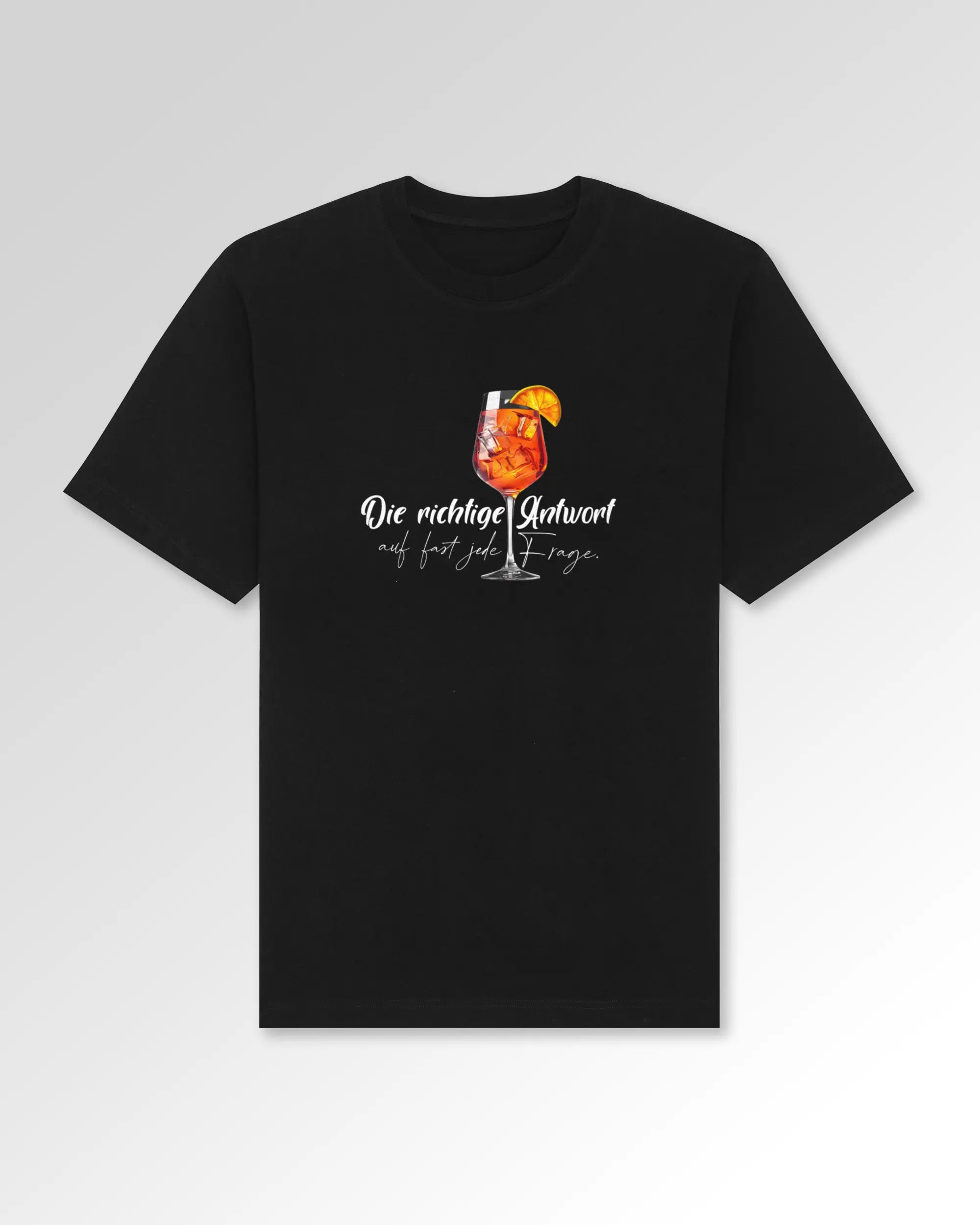 Packshot der Druckseite des Organic Unisex T-Shirts von Maondo im Oversized Fit mit dem Design Die richtige Antwort in der Farbe Black