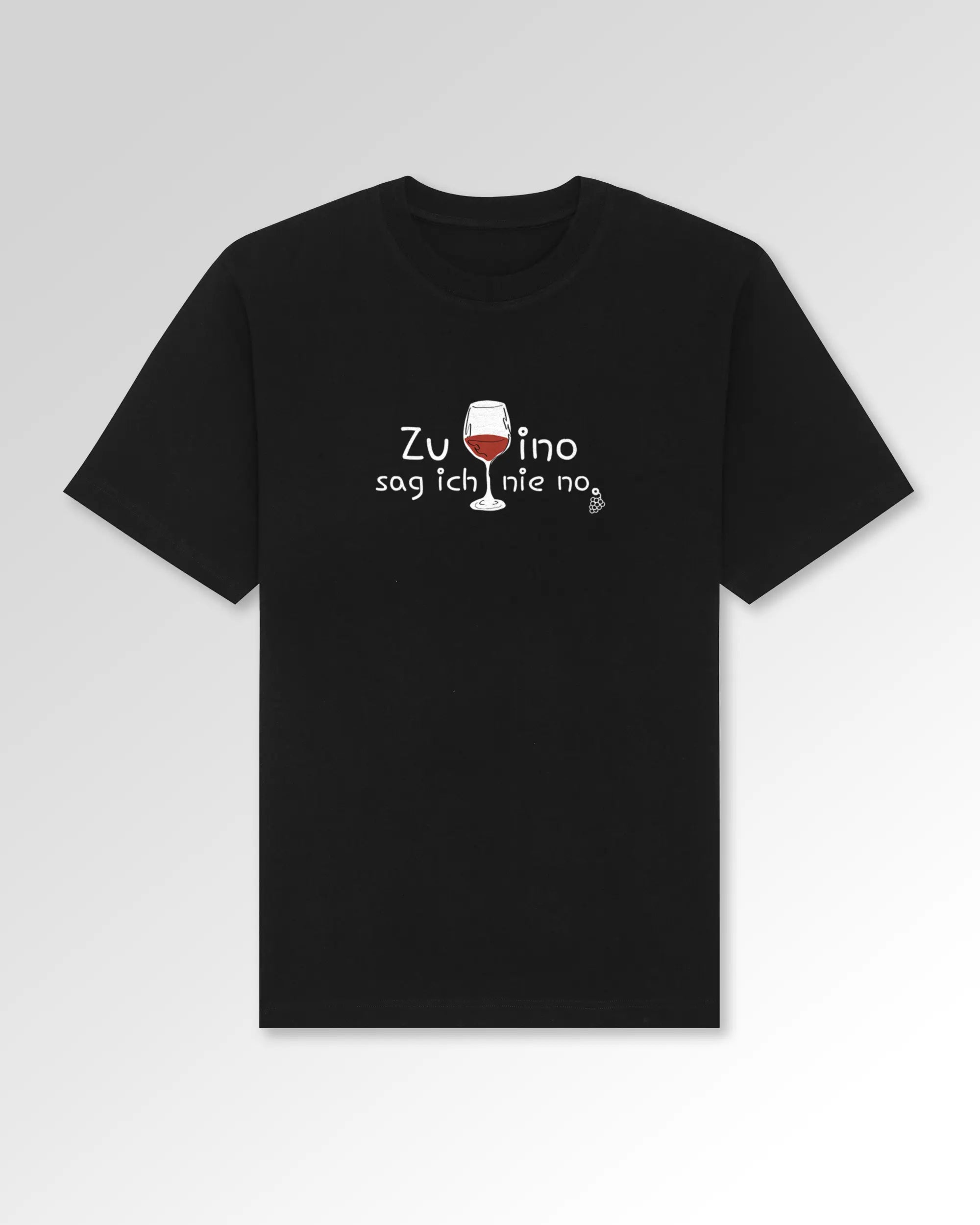 Packshot der Druckseite des Organic Unisex T-Shirts von Maondo im Oversized Fit mit dem Design Vino nie no in der Farbe Black