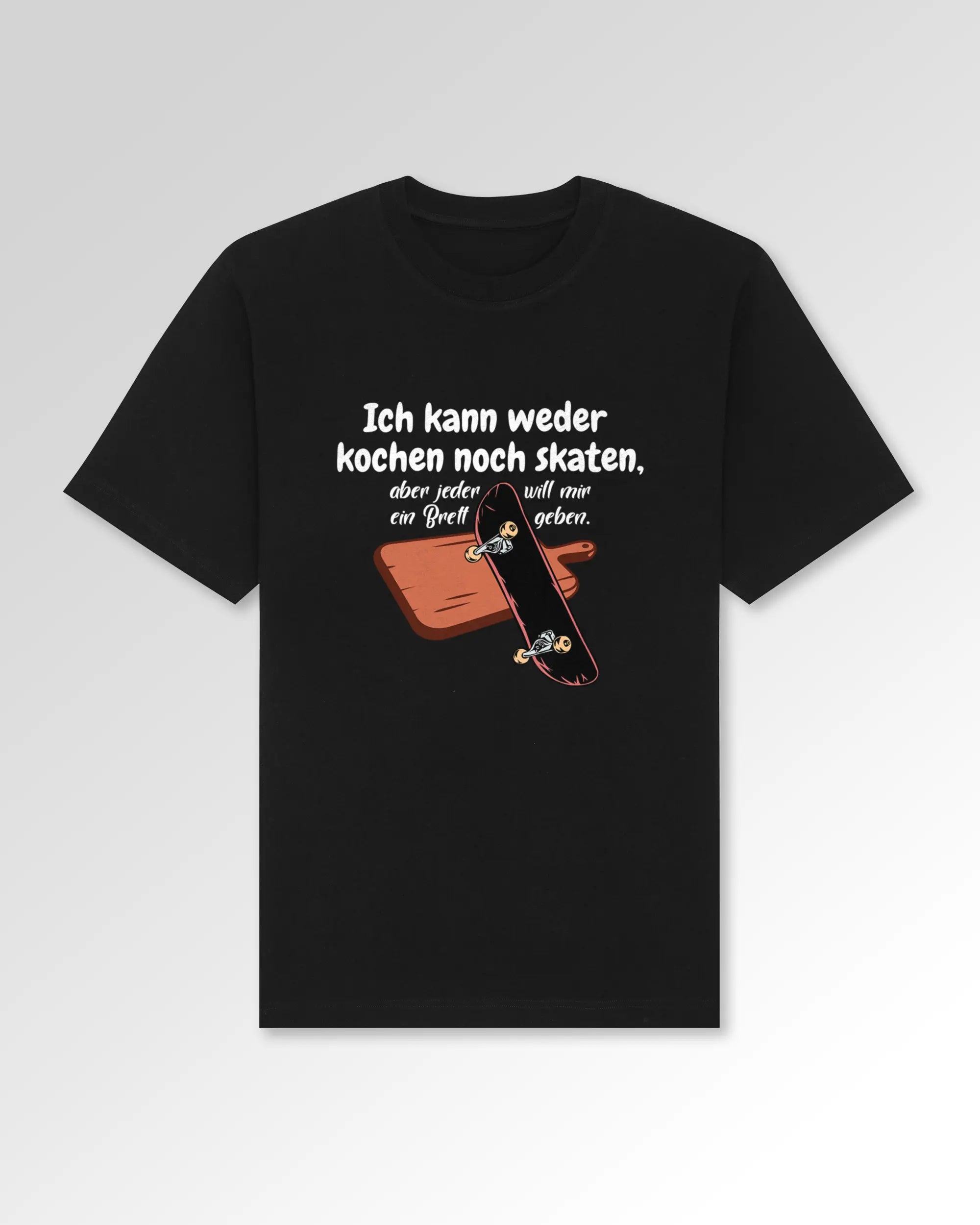 Packshot der Druckseite des Organic Unisex T-Shirts von Maondo im Oversized Fit mit dem Design Ein Brett geben in der Farbe Black