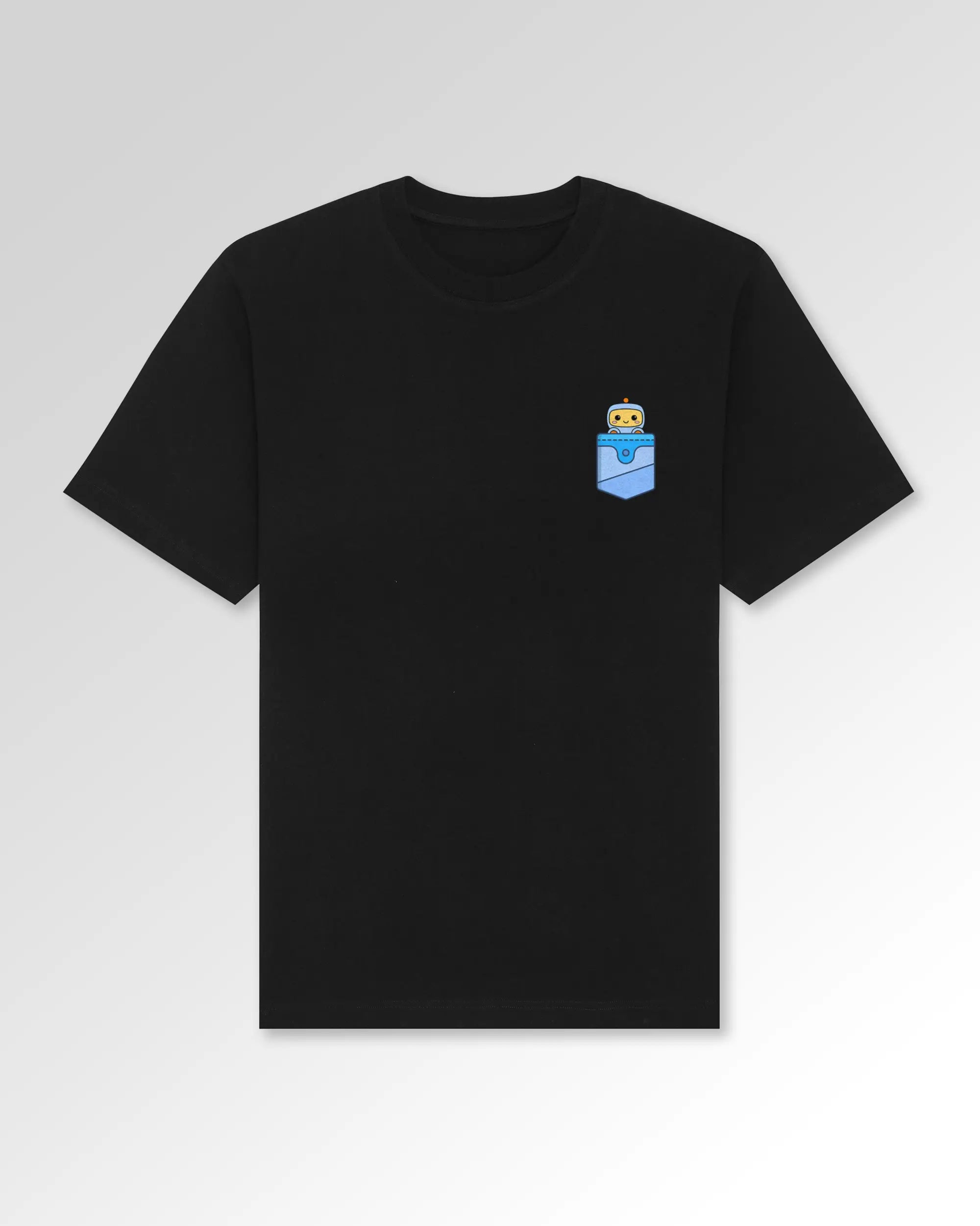 Packshot der Druckseite des Organic Unisex T-Shirts von Maondo im Oversized Fit mit dem Design Taschenbot in der Farbe Black