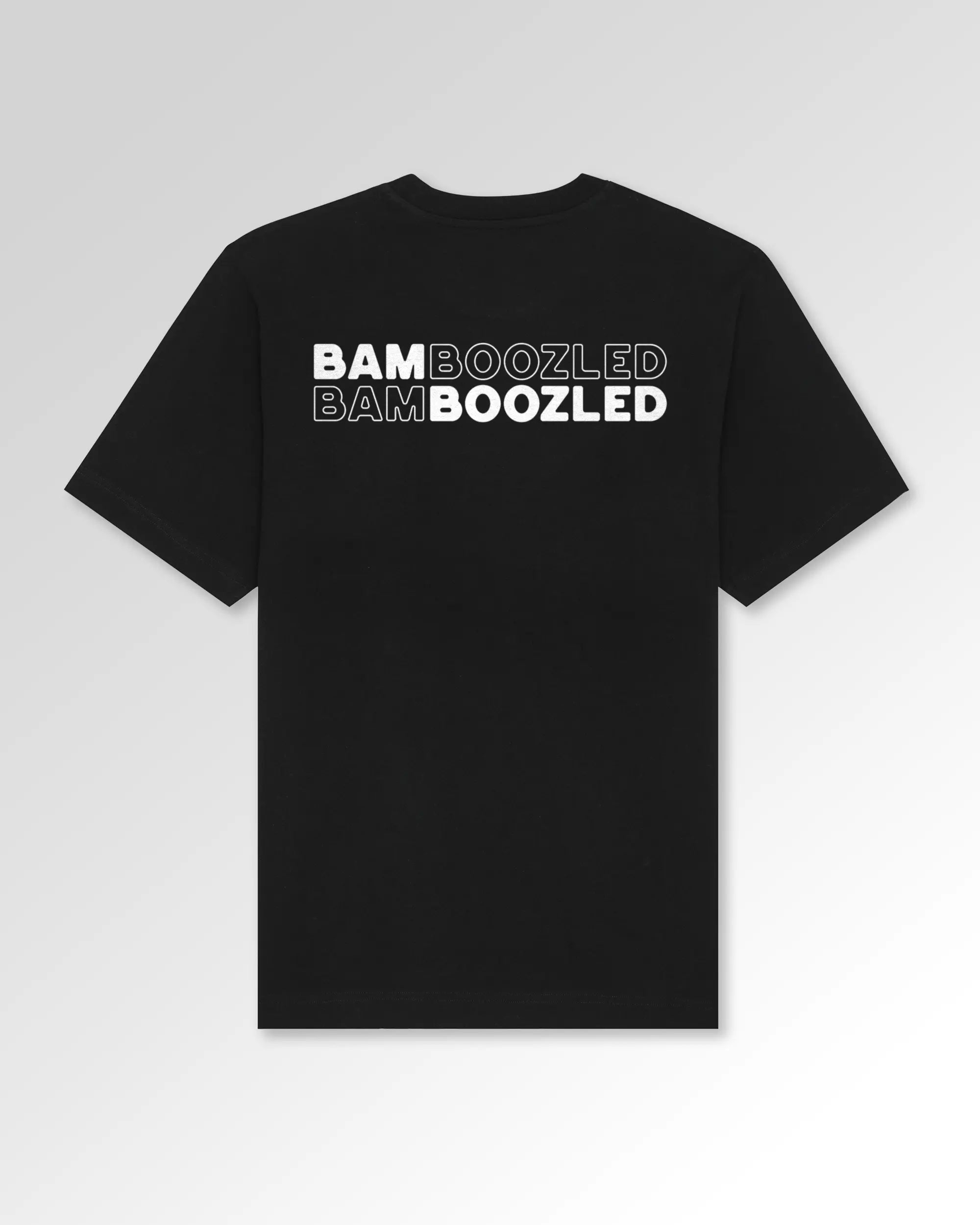 Packshot der Druckseite des Organic Unisex T-Shirts von Maondo im Oversized Fit mit dem Design Double Bamboozled in der Farbe Black