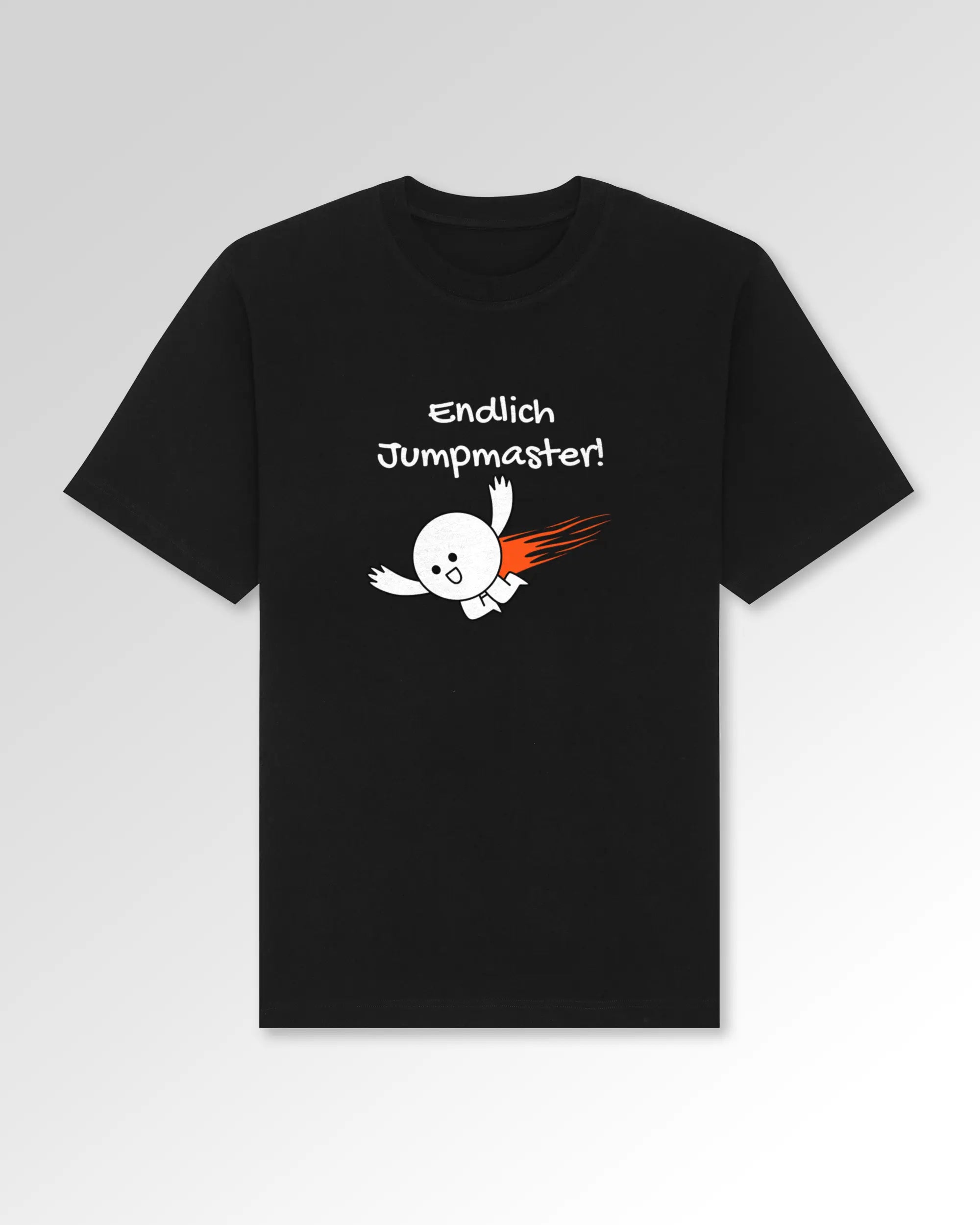 Packshot der Druckseite des Organic Unisex T-Shirts von Maondo im Oversized Fit mit dem Design Endlich Jumpmaster in der Farbe Black