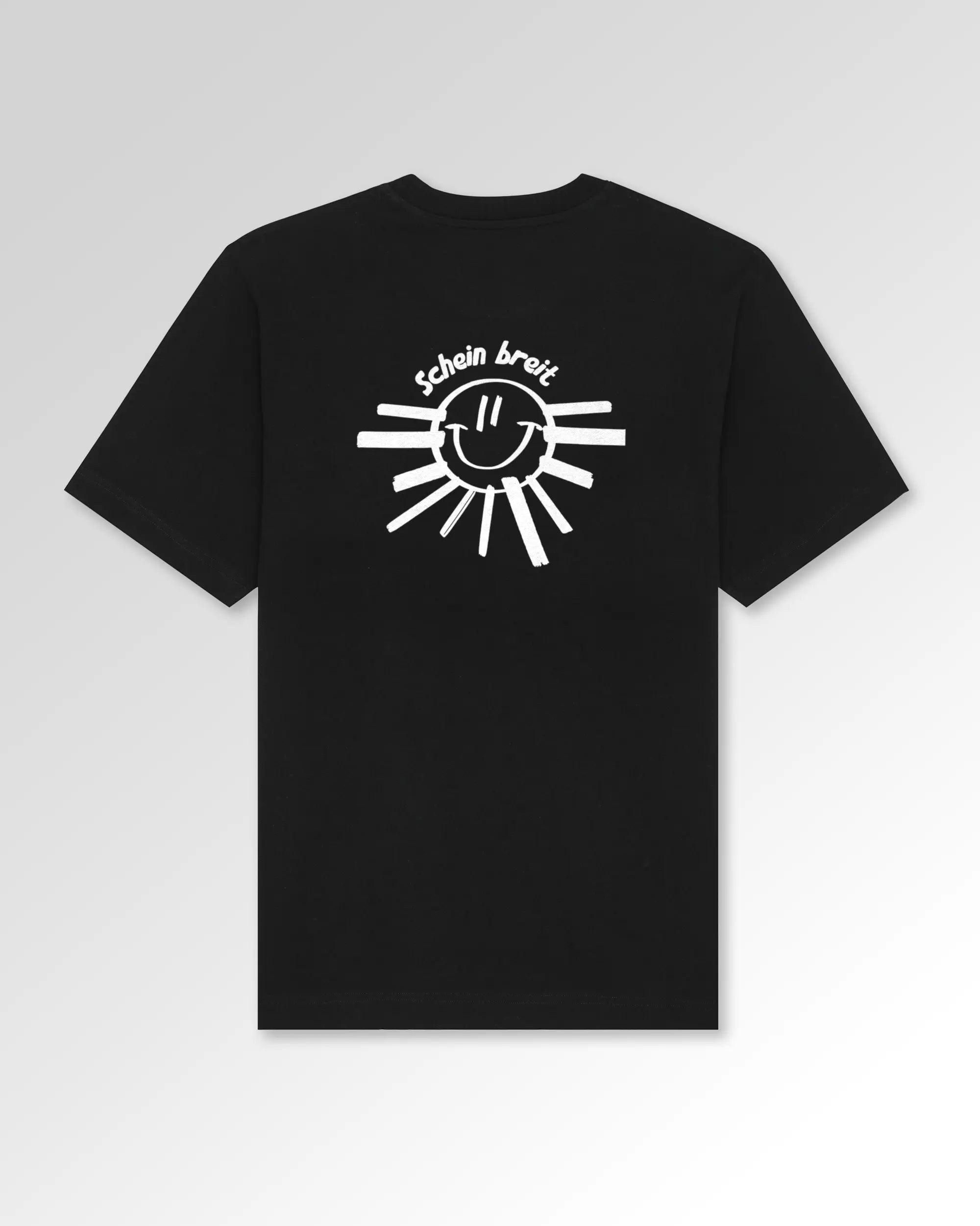 Packshot der Druckseite des Organic Unisex T-Shirts von Maondo im Oversized Fit mit dem Design Schein Breit in der Farbe Black