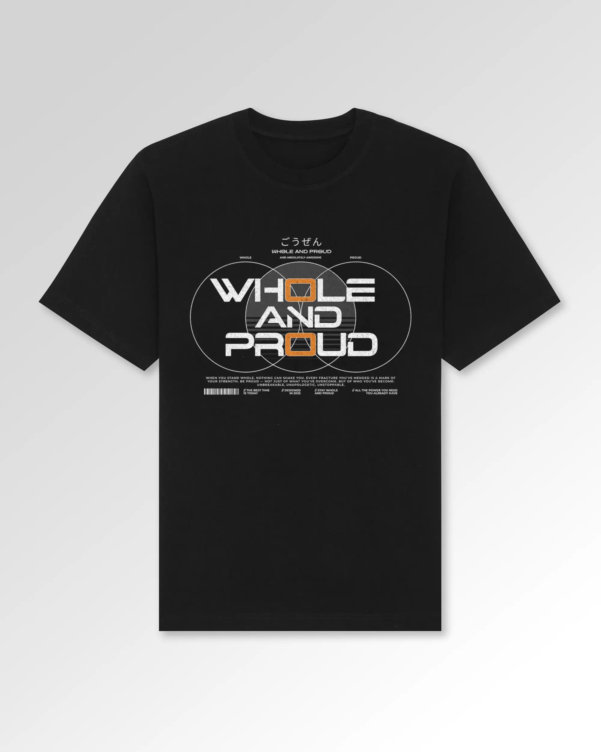 Packshot der primären Druckseite des Organic Unisex T-Shirts von Maondo im Oversized Fit mit dem Design Whole and proud in der Farbe Black