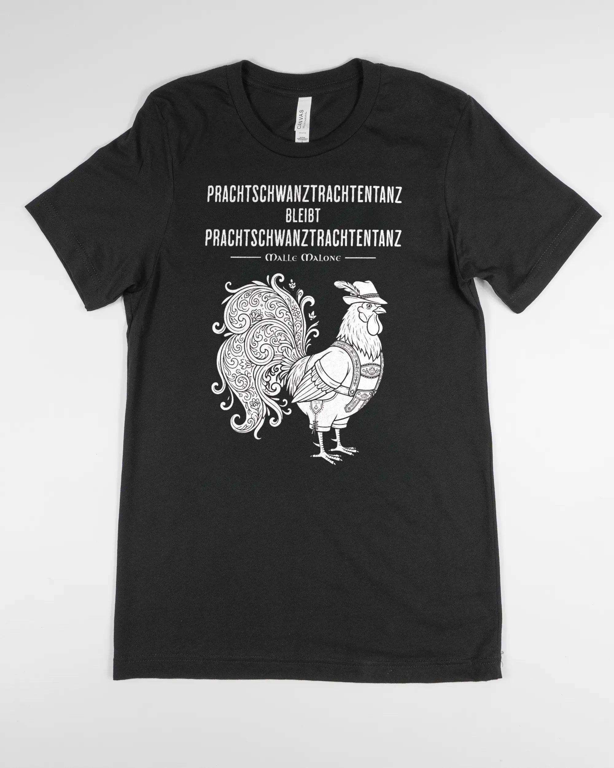 Vorderseite des Basic Unisex T-Shirt Light von Maondo mit dem Design Trachtentanz in der Farbe Black und in der Größe S flach auf den Boden gelegt