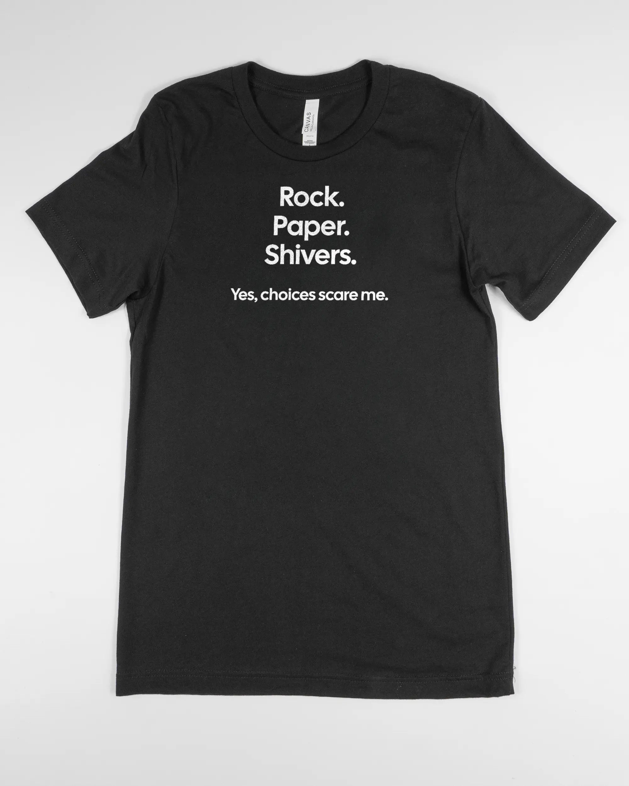 Vorderseite des Basic Unisex T-Shirt Light von Maondo mit dem Design Rock Paper Shivers in der Farbe Black und in der Größe S flach auf den Boden gelegt