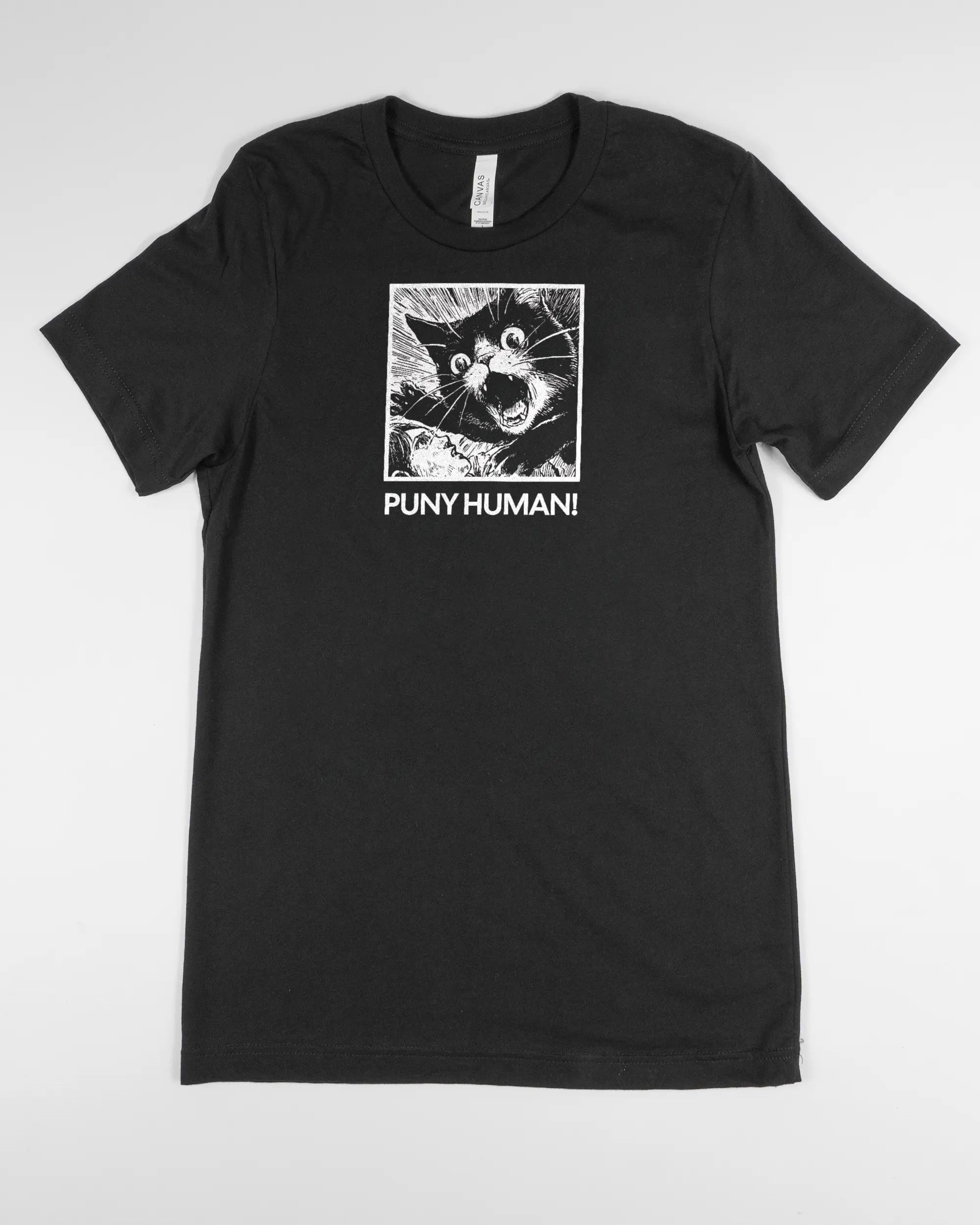 Vorderseite des Basic Unisex T-Shirt Light von Maondo mit dem Design Puny Human in der Farbe Black und in der Größe S flach auf den Boden gelegt