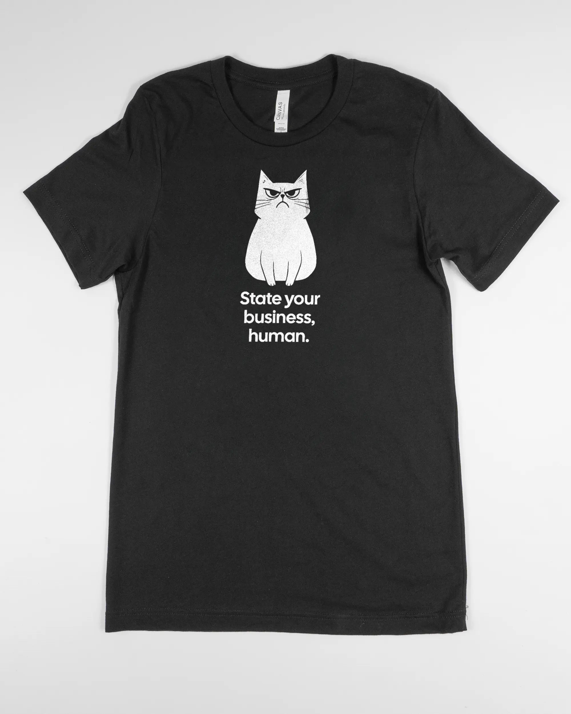 Vorderseite des Basic Unisex T-Shirt Light von Maondo mit dem Design Grumpy Purr in der Farbe Black und in der Größe S flach auf den Boden gelegt