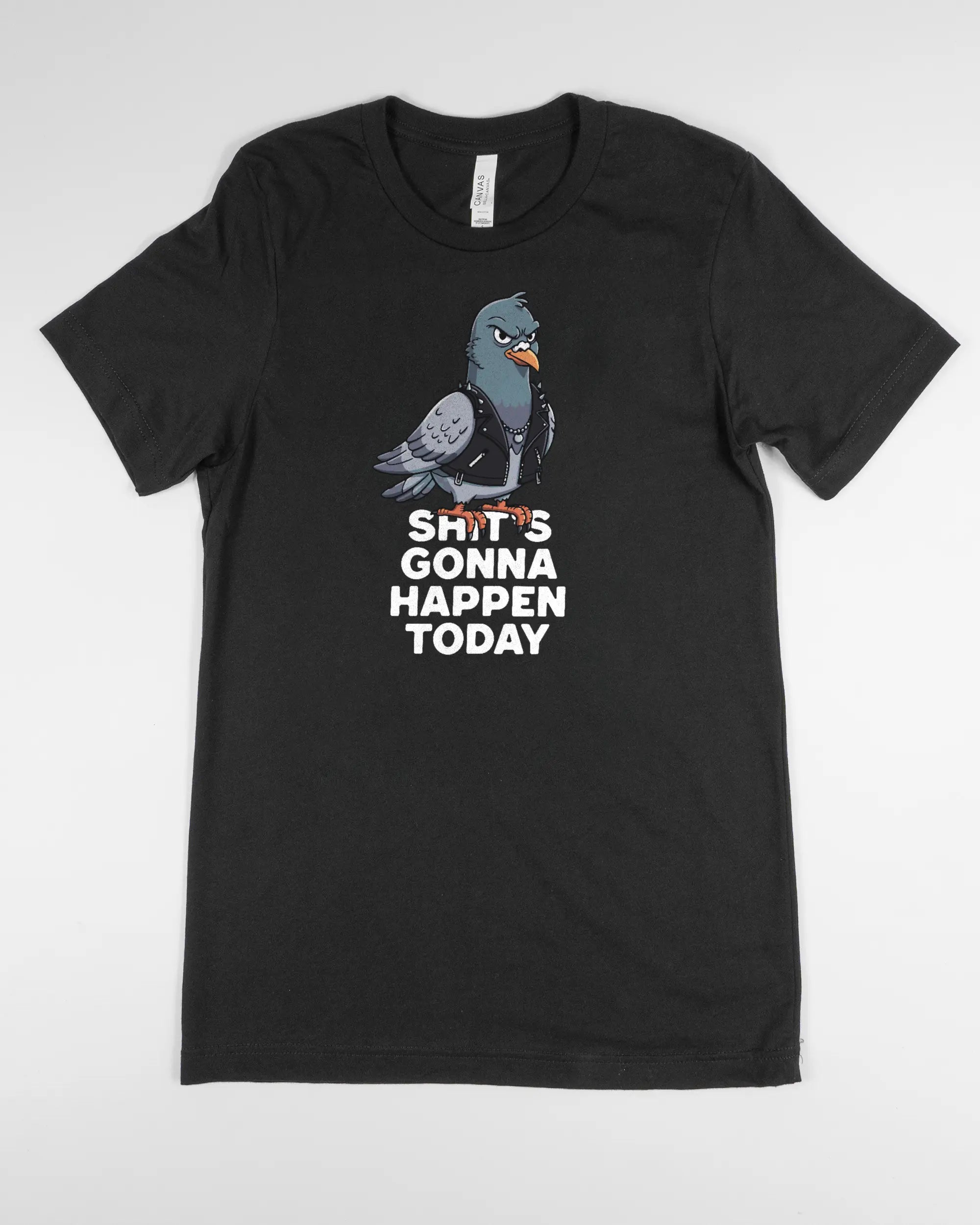 Vorderseite des Basic Unisex T-Shirt Light von Maondo mit dem Design Pigeon Pun in der Farbe Black und in der Größe S flach auf den Boden gelegt