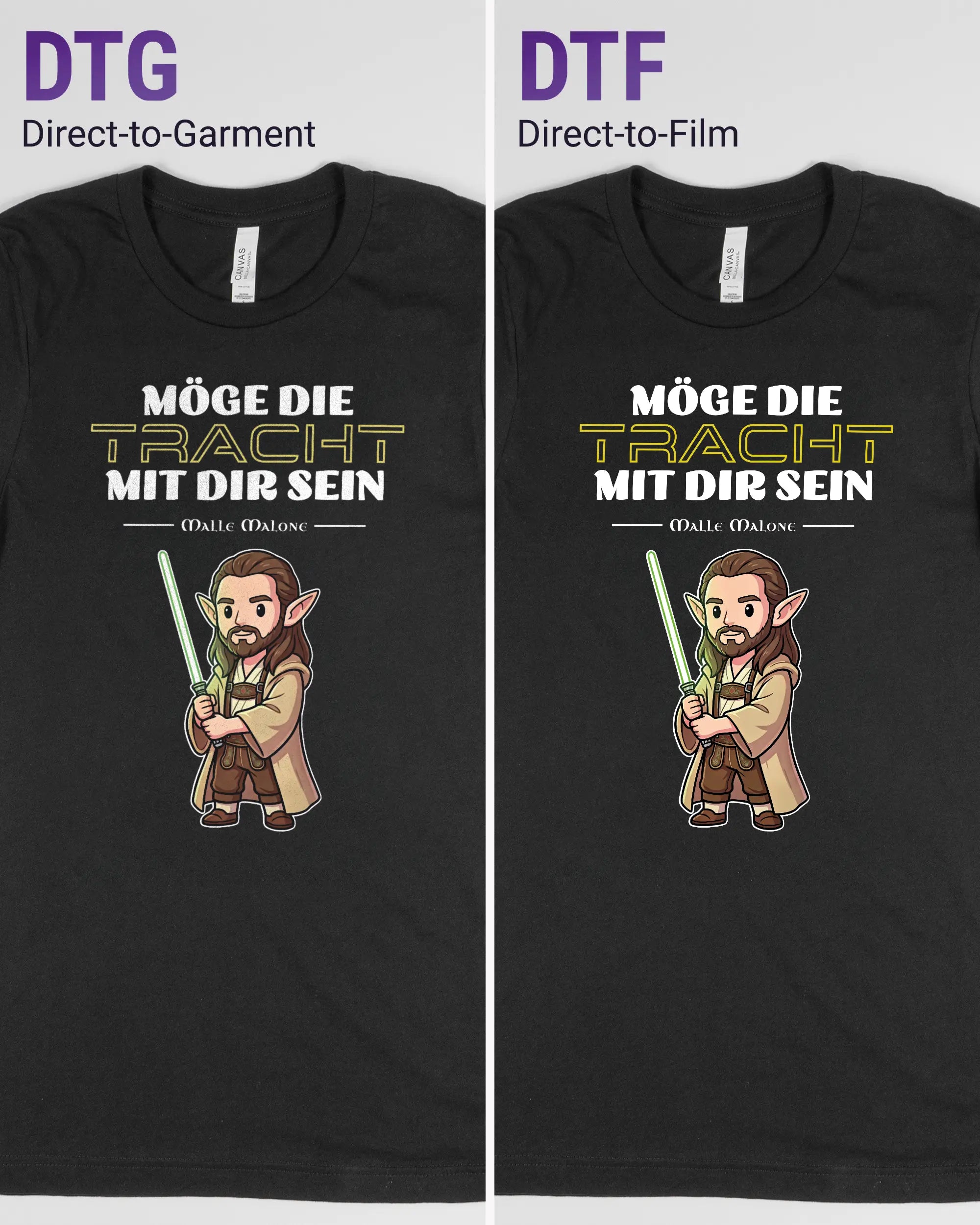 Vergleich der Vorderseiten des Basic Unisex T-Shirt Light von Maondo mit dem Design Tracht mit dir in der Farbe Black und in der Größe S links mit dem Direct-to-Garment und rechts mit dem Direct-to-Film Verfahren