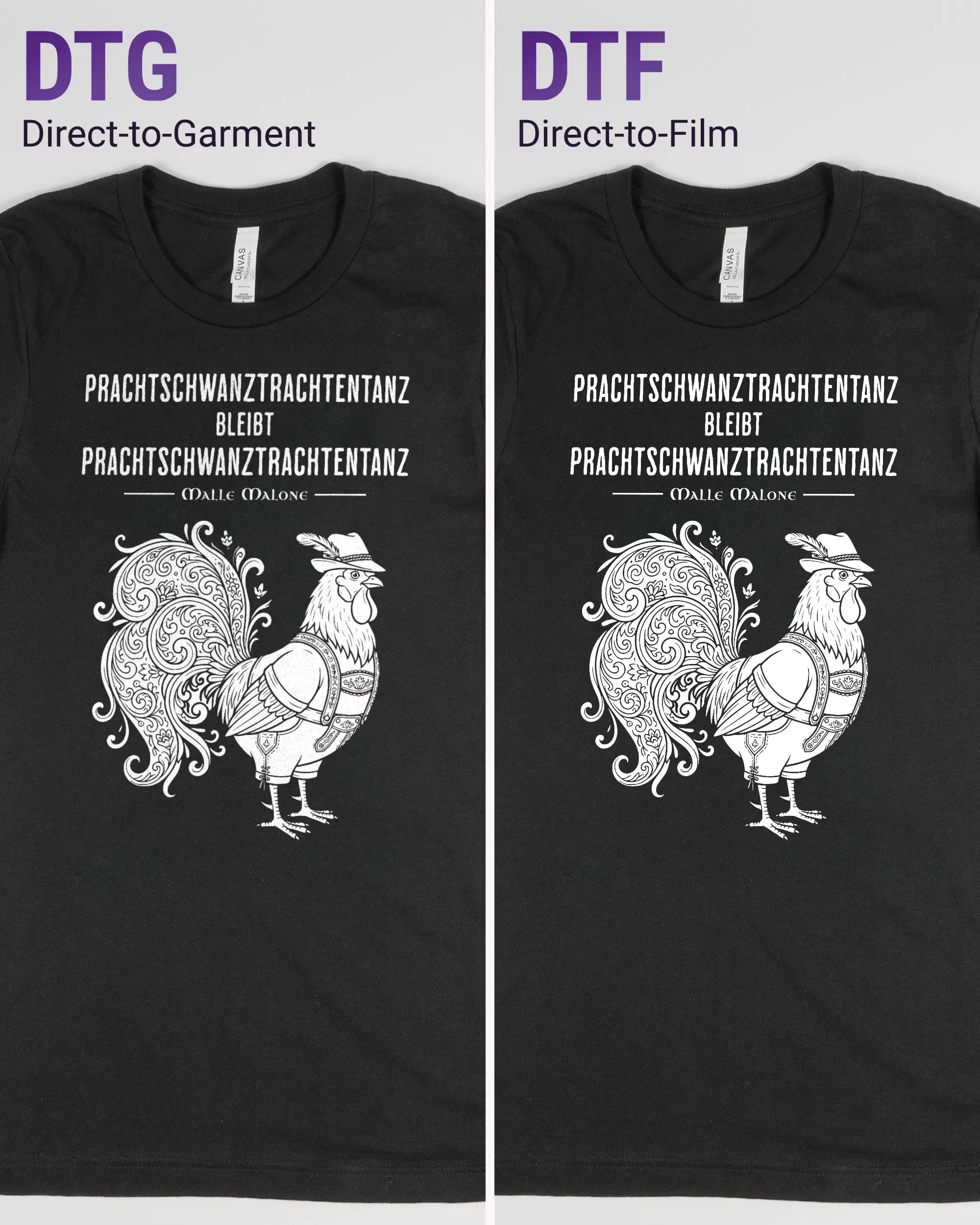 Vergleich der Vorderseiten des Basic Unisex T-Shirt Light von Maondo mit dem Design Trachtentanz in der Farbe Black und in der Größe S links mit dem Direct-to-Garment und rechts mit dem Direct-to-Film Verfahren