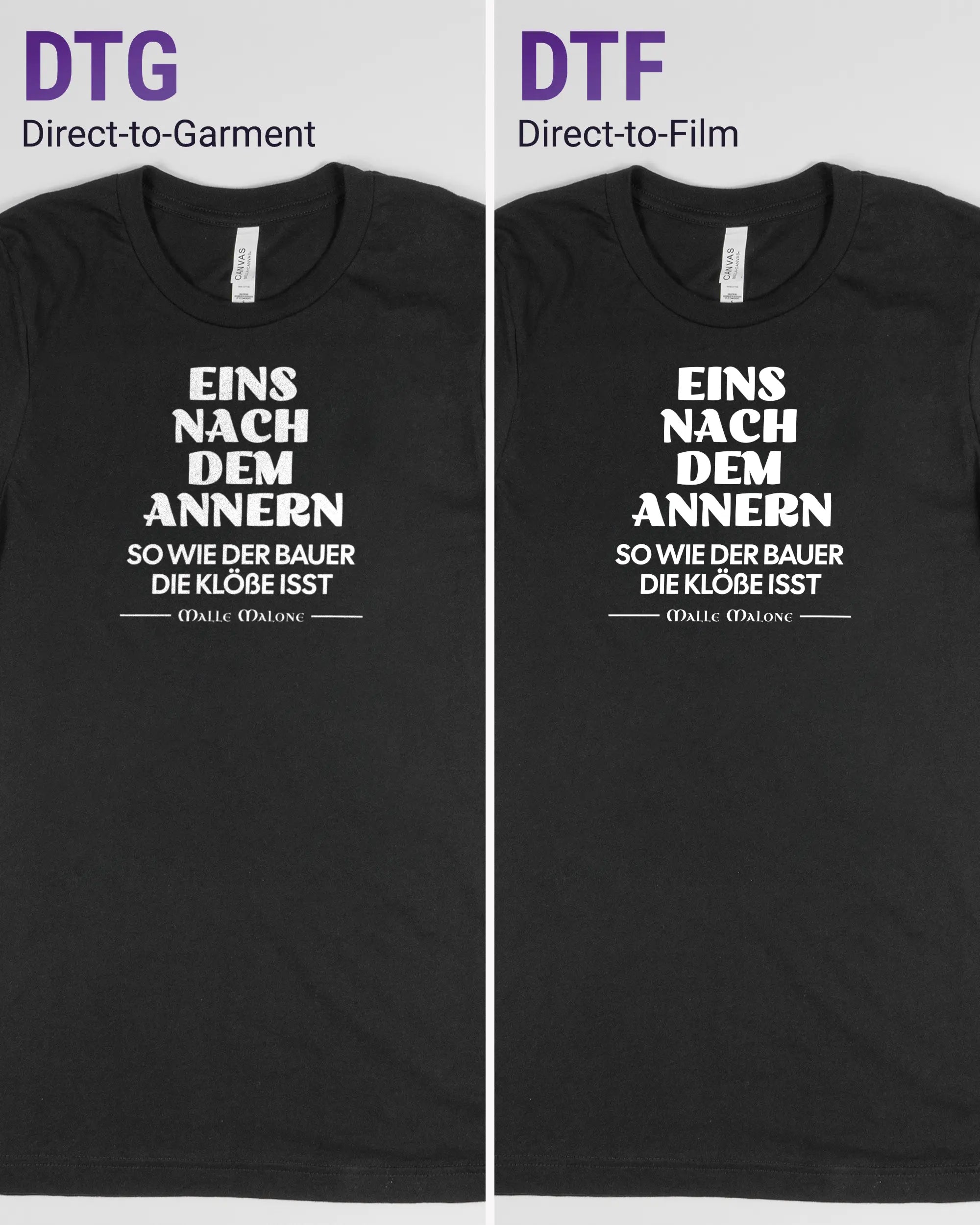 Vergleich der Vorderseiten des Basic Unisex T-Shirt Light von Maondo mit dem Design Eins nach dem Annern in der Farbe Black und in der Größe S links mit dem Direct-to-Garment und rechts mit dem Direct-to-Film Verfahren