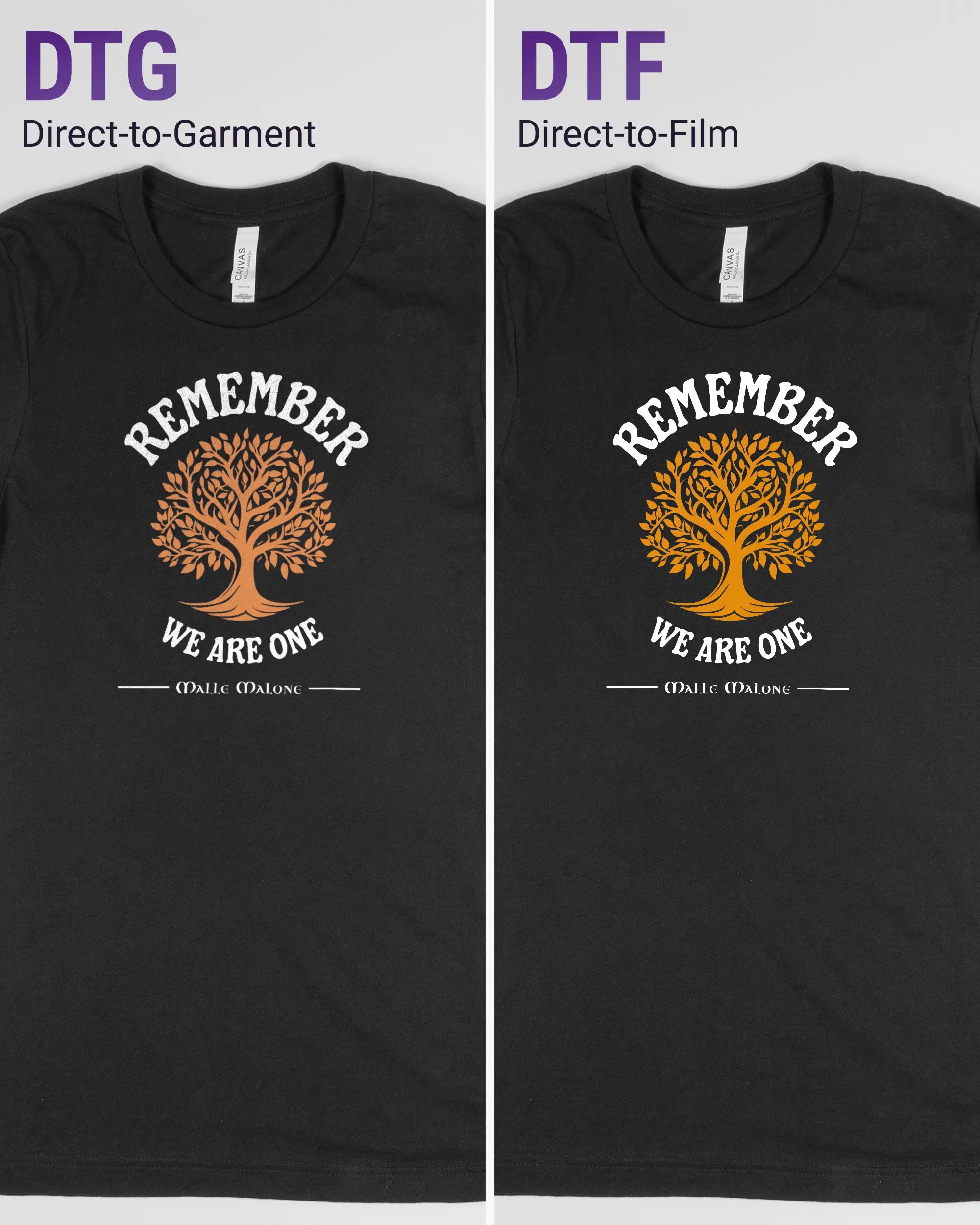 Vergleich der Vorderseiten des Basic Unisex T-Shirt Light von Maondo mit dem Design We are one in der Farbe Black und in der Größe S links mit dem Direct-to-Garment und rechts mit dem Direct-to-Film Verfahren