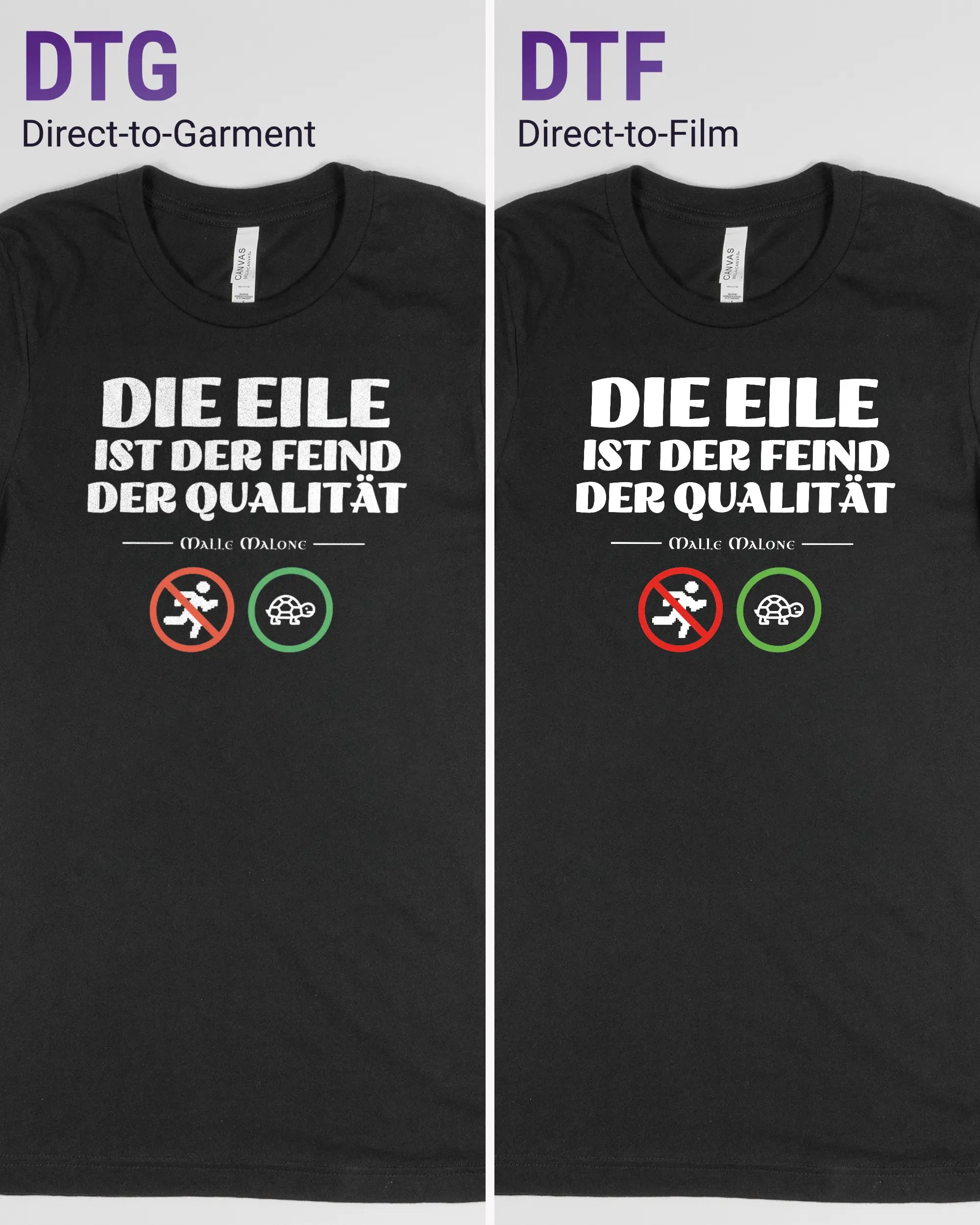 Vergleich der Vorderseiten des Basic Unisex T-Shirt Light von Maondo mit dem Design Keine Eile in der Farbe Black und in der Größe S links mit dem Direct-to-Garment und rechts mit dem Direct-to-Film Verfahren
