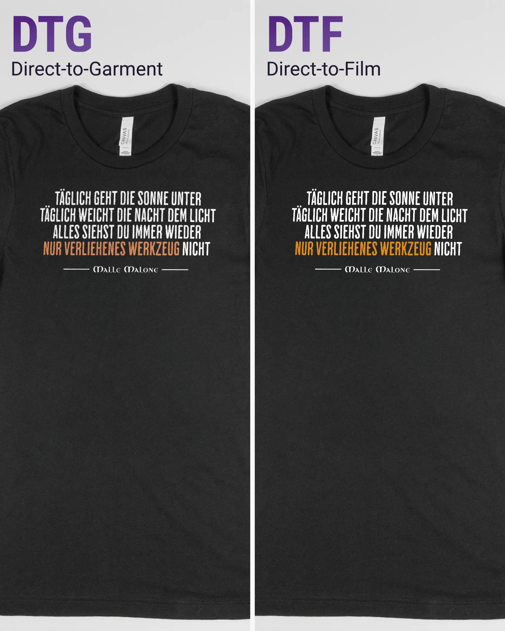 Vergleich der Vorderseiten des Basic Unisex T-Shirt Light von Maondo mit dem Design Wegzeug in der Farbe Black und in der Größe S links mit dem Direct-to-Garment und rechts mit dem Direct-to-Film Verfahren