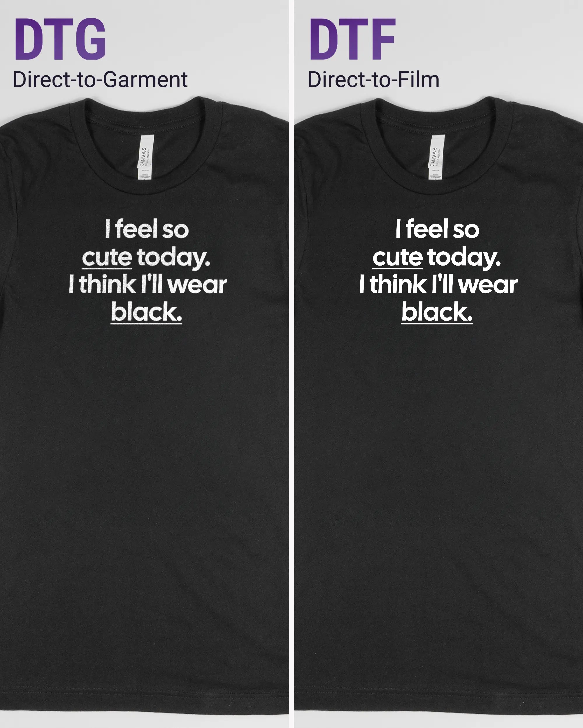 Vergleich der Vorderseiten des Basic Unisex T-Shirt Light von Maondo mit dem Design Colorful Day in der Farbe Black und in der Größe S links mit dem Direct-to-Garment und rechts mit dem Direct-to-Film Verfahren