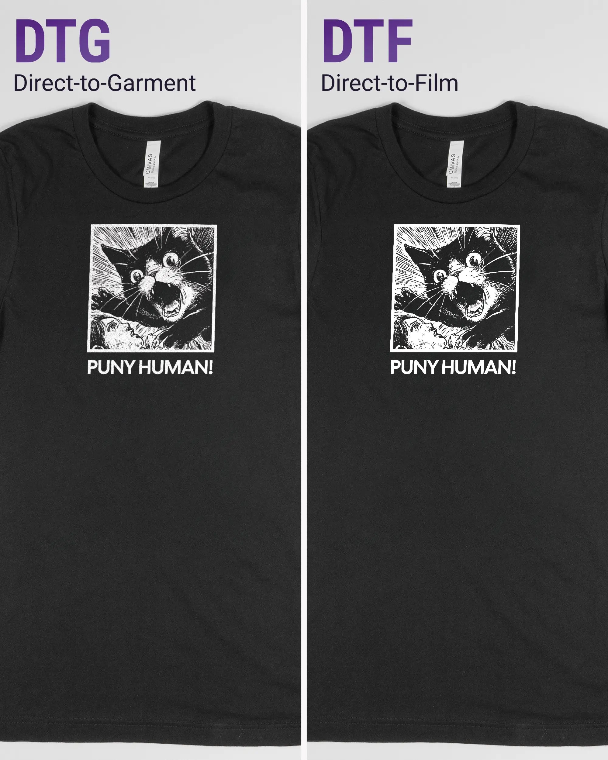 Vergleich der Vorderseiten des Basic Unisex T-Shirt Light von Maondo mit dem Design Puny Human in der Farbe Black und in der Größe S links mit dem Direct-to-Garment und rechts mit dem Direct-to-Film Verfahren