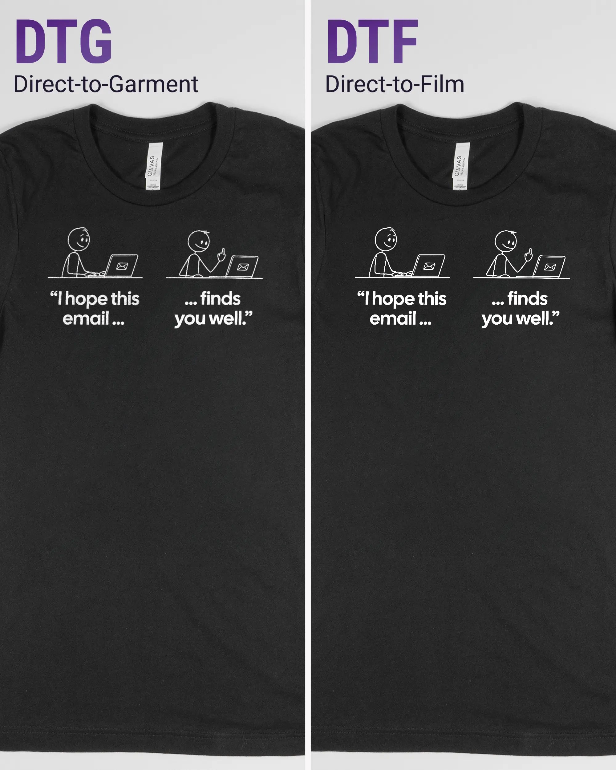 Vergleich der Vorderseiten des Basic Unisex T-Shirt Light von Maondo mit dem Design Found me not well in der Farbe Black und in der Größe S links mit dem Direct-to-Garment und rechts mit dem Direct-to-Film Verfahren