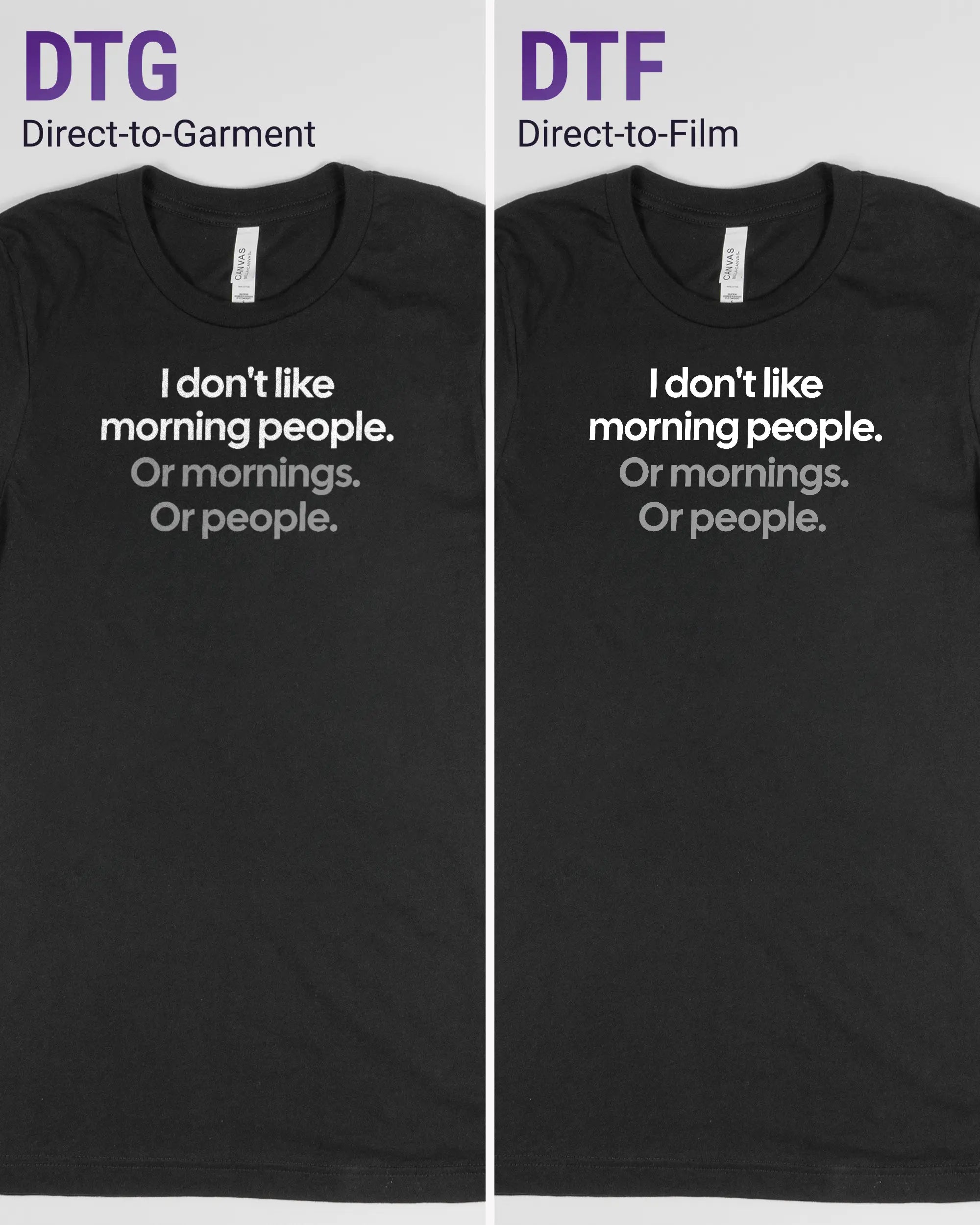 Vergleich der Vorderseiten des Basic Unisex T-Shirt Light von Maondo mit dem Design Morning Person in der Farbe Black und in der Größe S links mit dem Direct-to-Garment und rechts mit dem Direct-to-Film Verfahren