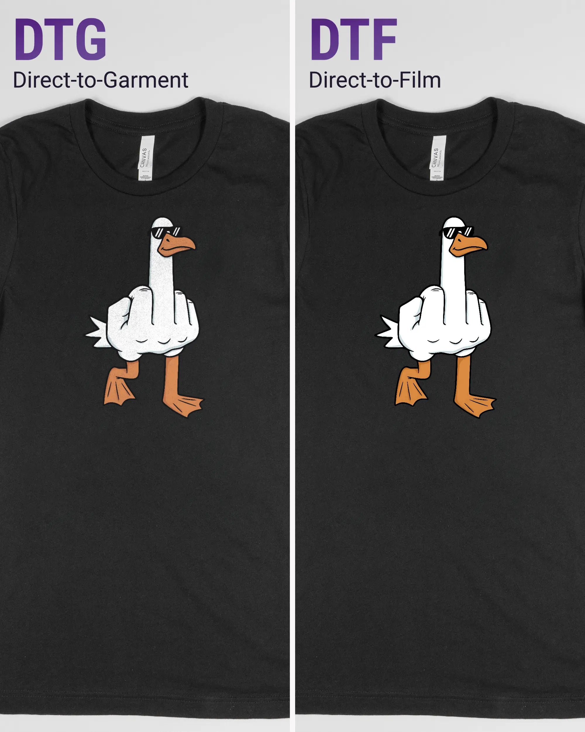 Vergleich der Vorderseiten des Basic Unisex T-Shirt Light von Maondo mit dem Design I give a duck in der Farbe Black und in der Größe S links mit dem Direct-to-Garment und rechts mit dem Direct-to-Film Verfahren