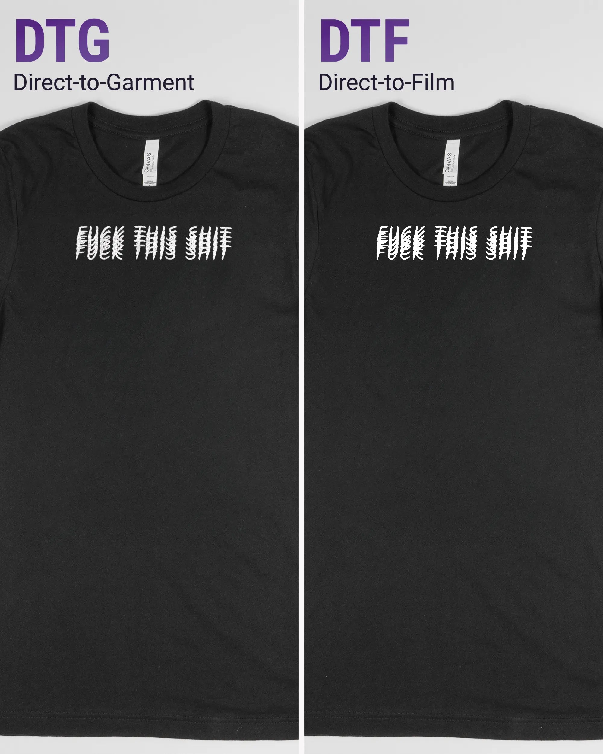 Vergleich der Vorderseiten des Basic Unisex T-Shirt Light von Maondo mit dem Design Hidden Message in der Farbe Black und in der Größe S links mit dem Direct-to-Garment und rechts mit dem Direct-to-Film Verfahren