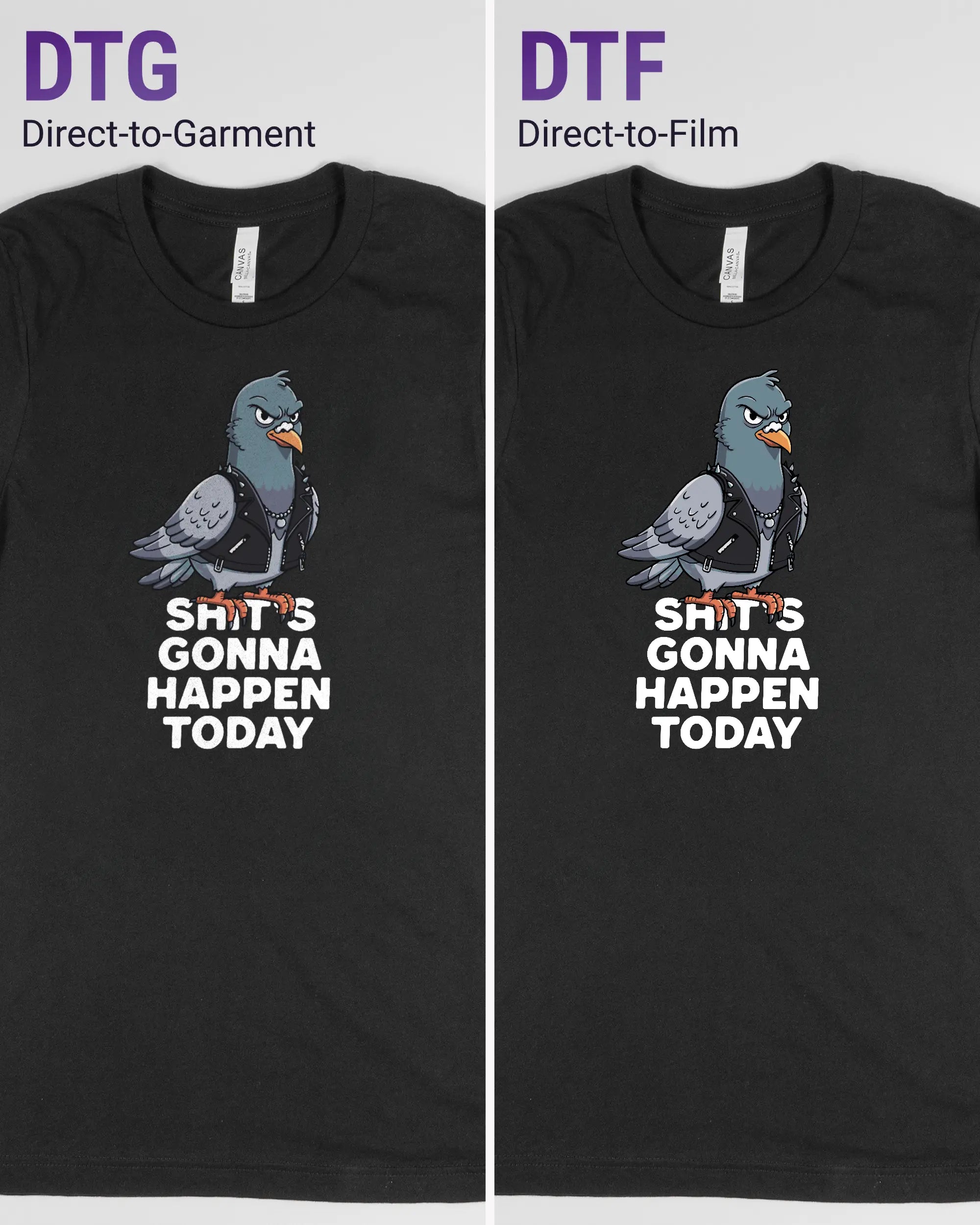 Vergleich der Vorderseiten des Basic Unisex T-Shirt Light von Maondo mit dem Design Pigeon Pun in der Farbe Black und in der Größe S links mit dem Direct-to-Garment und rechts mit dem Direct-to-Film Verfahren